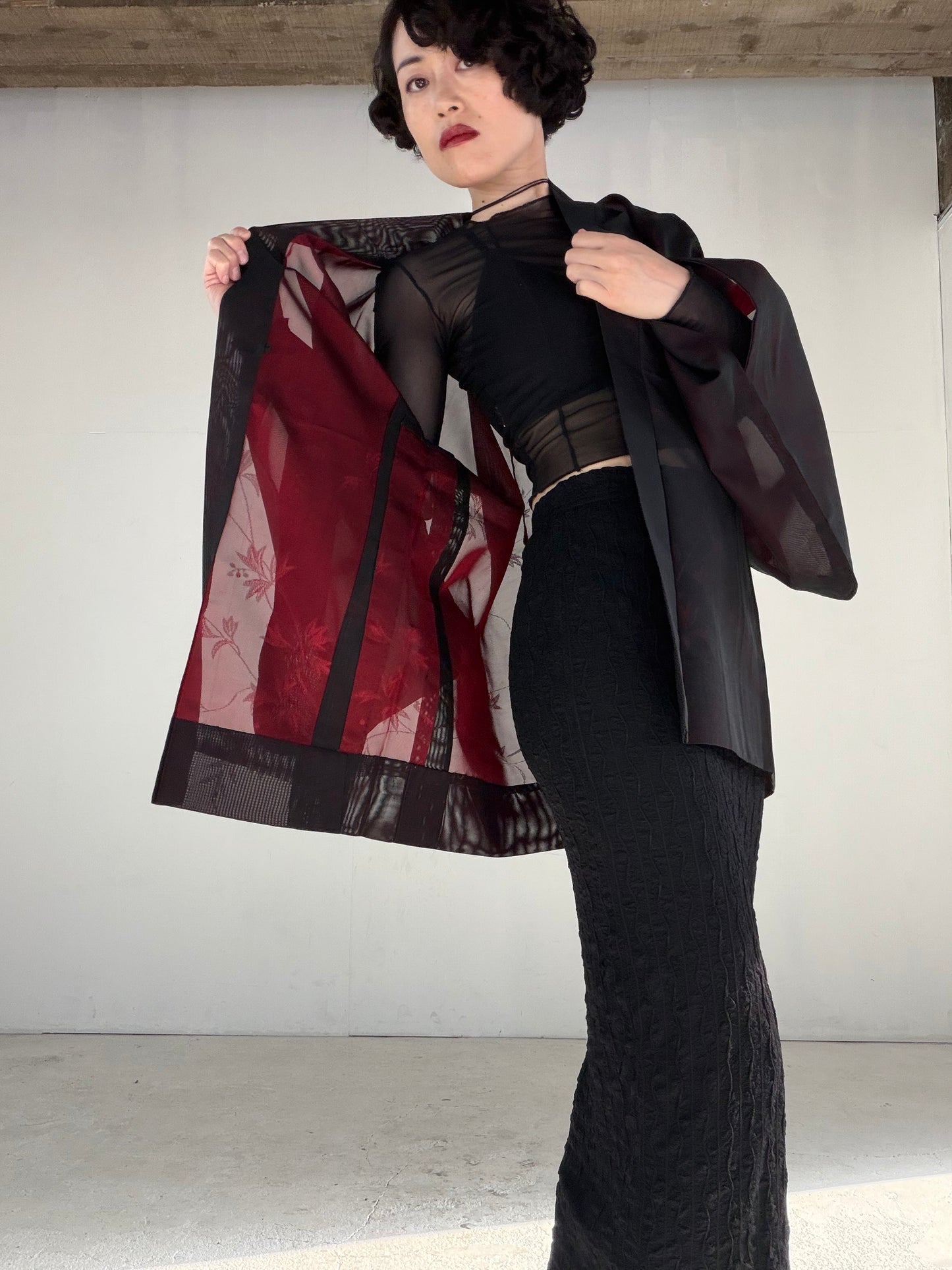 VINTAGE BLACK HAORI SHEER “sha, inside-red, vines, SHH040" *damage
