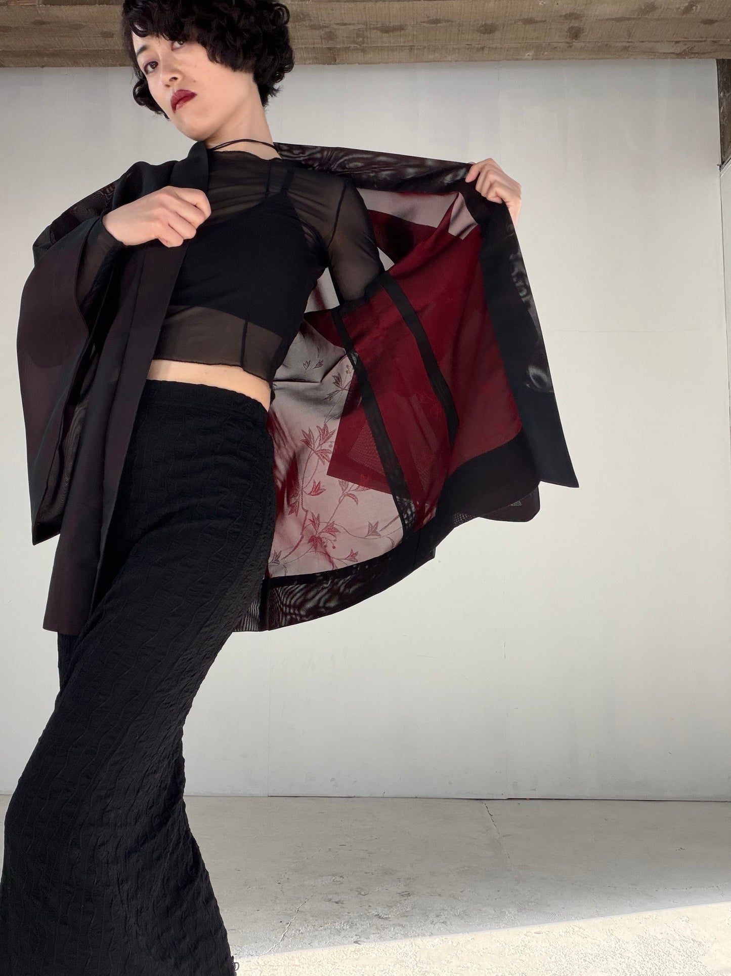 VINTAGE BLACK HAORI SHEER “sha, inside-red, vines, SHH040" *damage