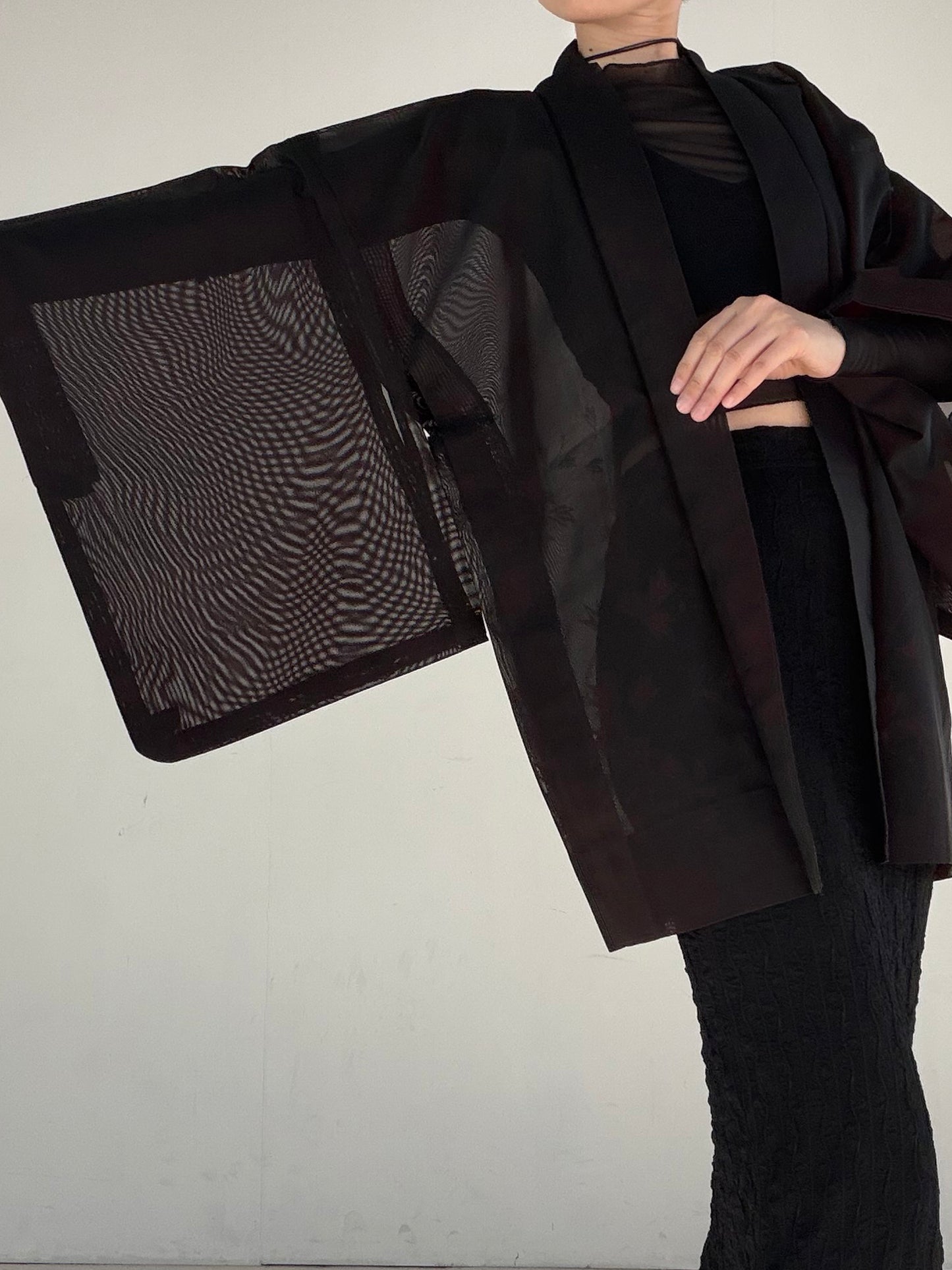 VINTAGE BLACK HAORI SHEER “sha, inside-red, vines, SHH040" *damage