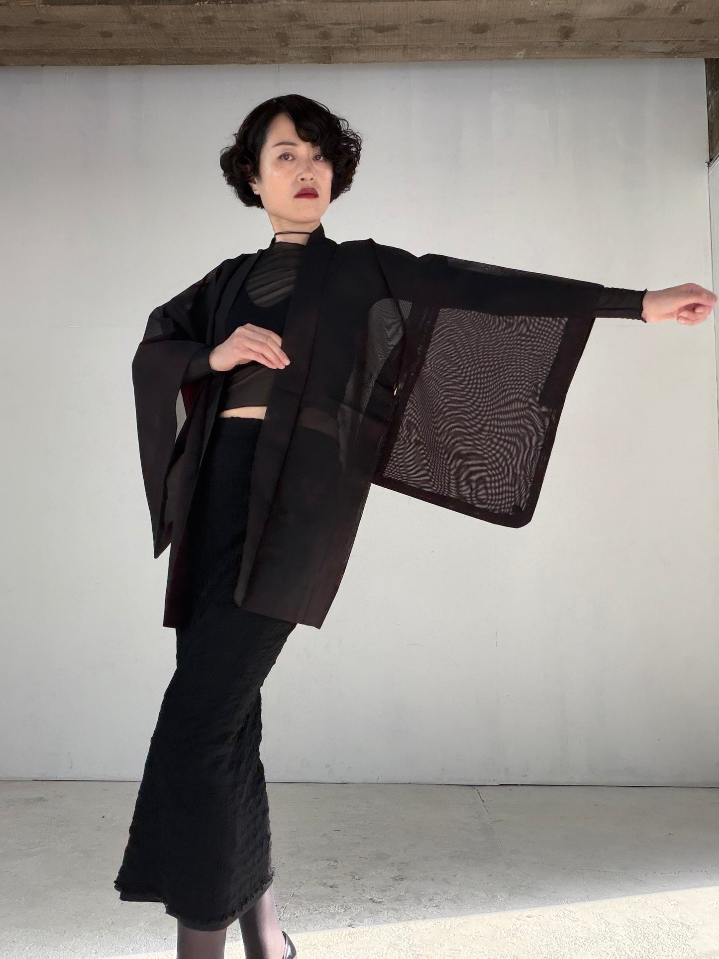 VINTAGE BLACK HAORI SHEER “sha, inside-red, vines, SHH040" *damage