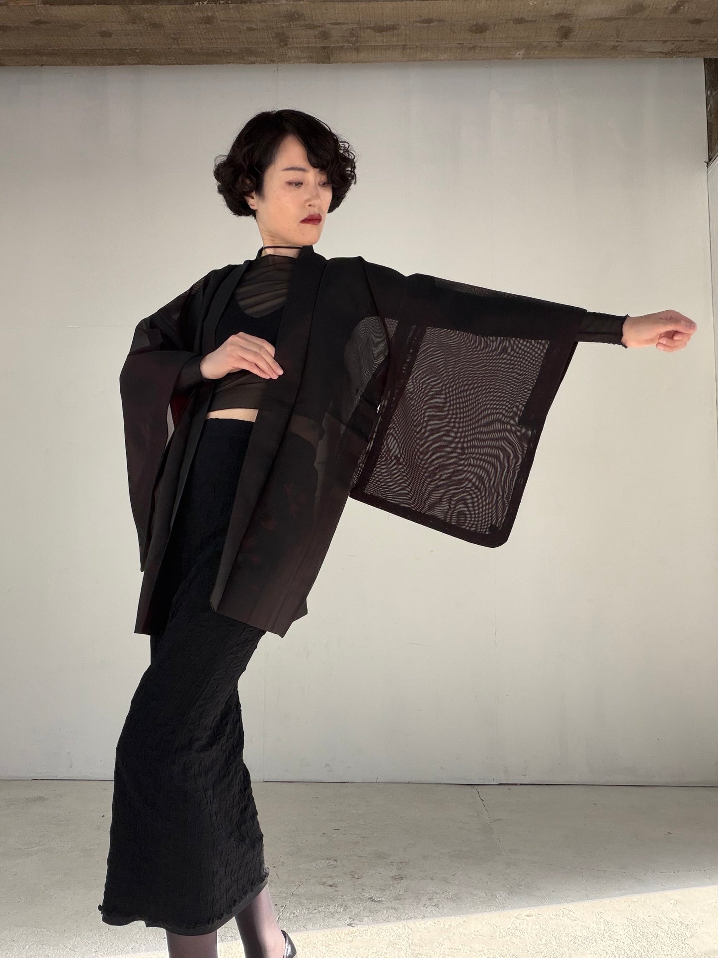 VINTAGE BLACK HAORI SHEER “sha, inside-red, vines, SHH040" *damage