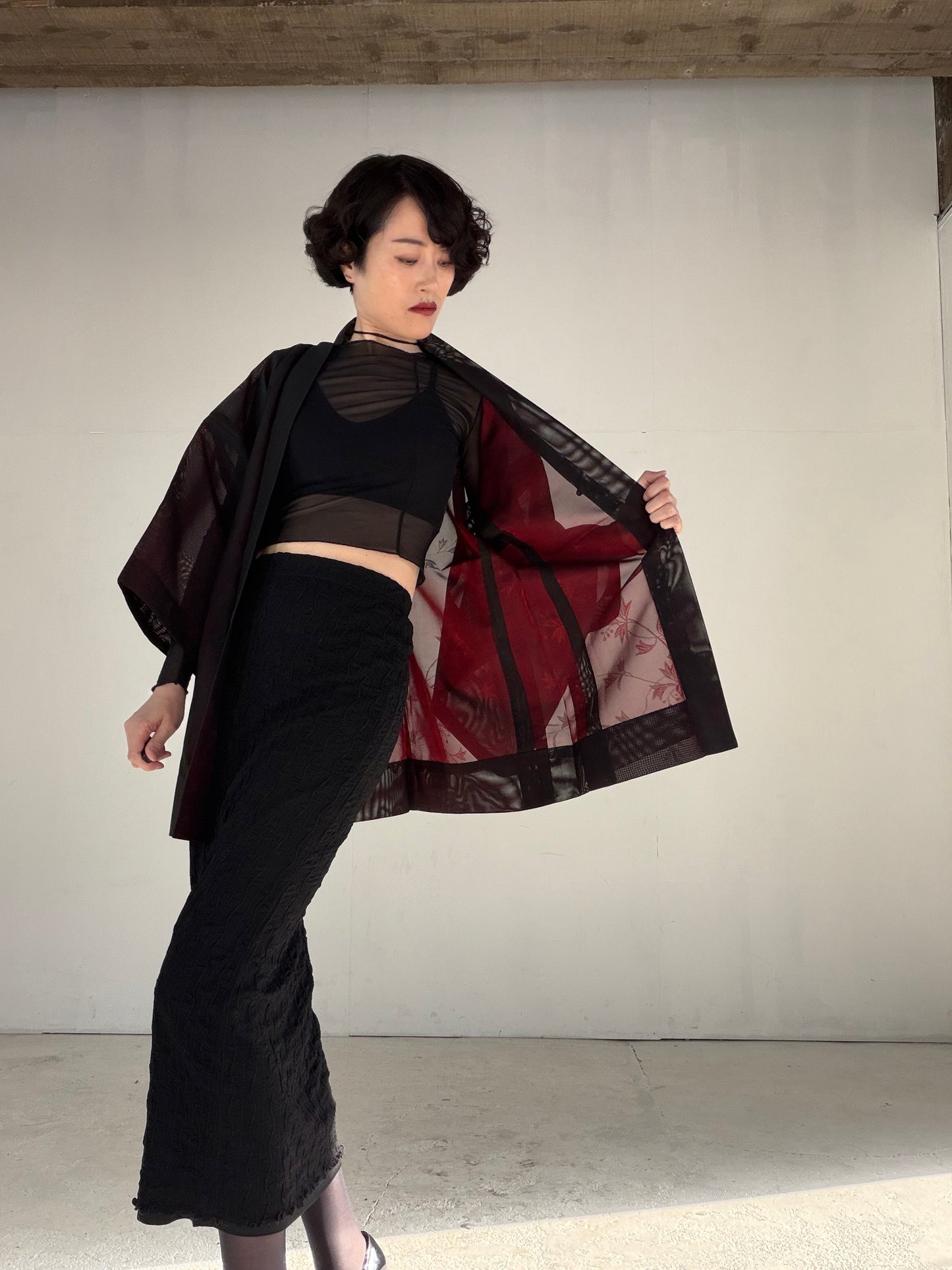 VINTAGE BLACK HAORI SHEER “sha, inside-red, vines, SHH040" *damage