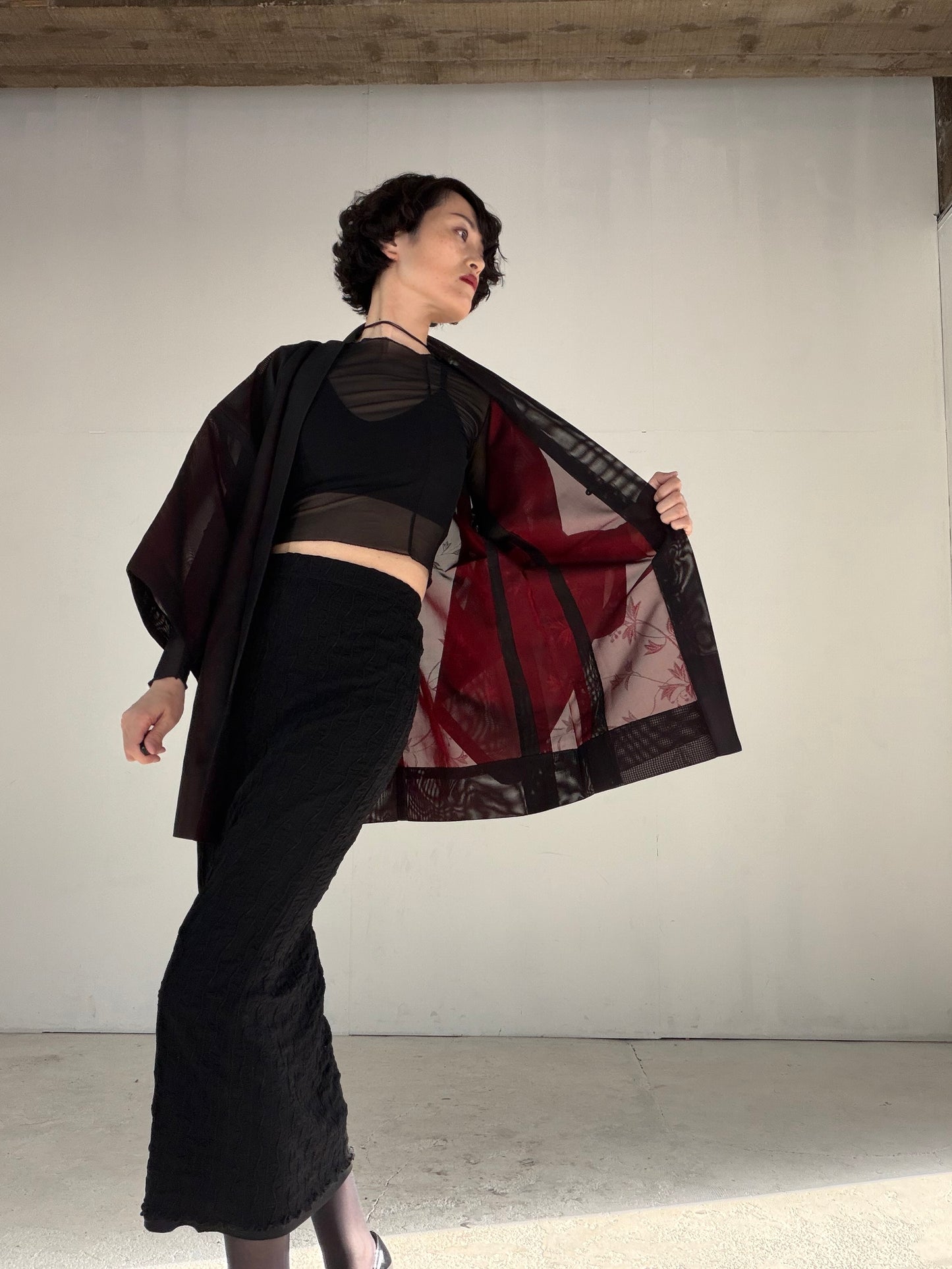 VINTAGE BLACK HAORI SHEER “sha, inside-red, vines, SHH040" *damage
