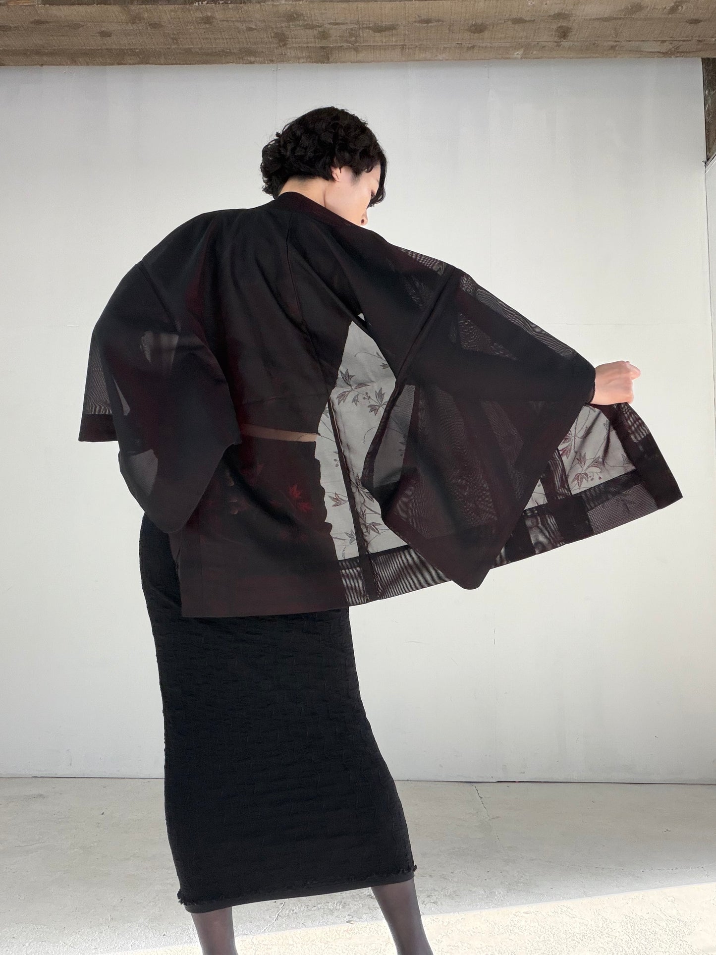 VINTAGE BLACK HAORI SHEER “sha, inside-red, vines, SHH040" *damage