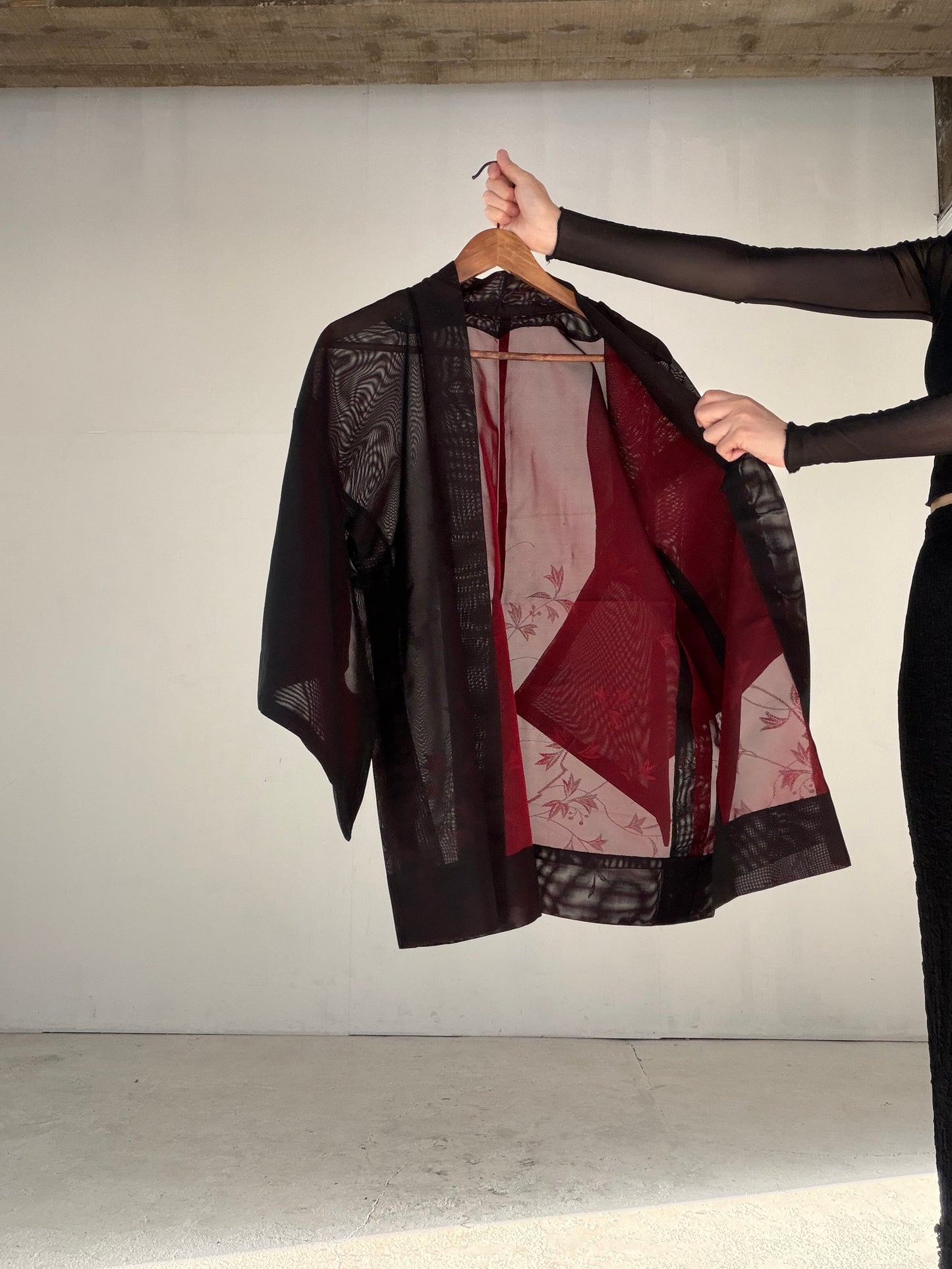 VINTAGE BLACK HAORI SHEER “sha, inside-red, vines, SHH040" *damage