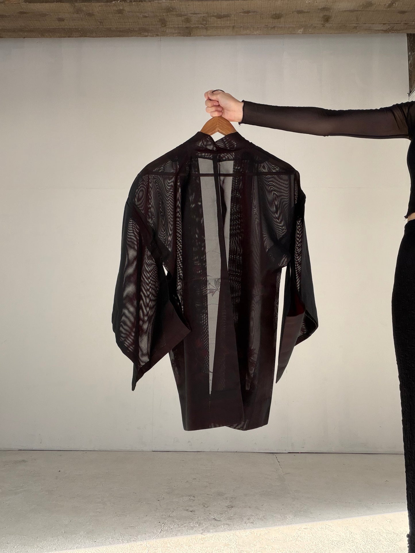 VINTAGE BLACK HAORI SHEER “sha, inside-red, vines, SHH040" *damage