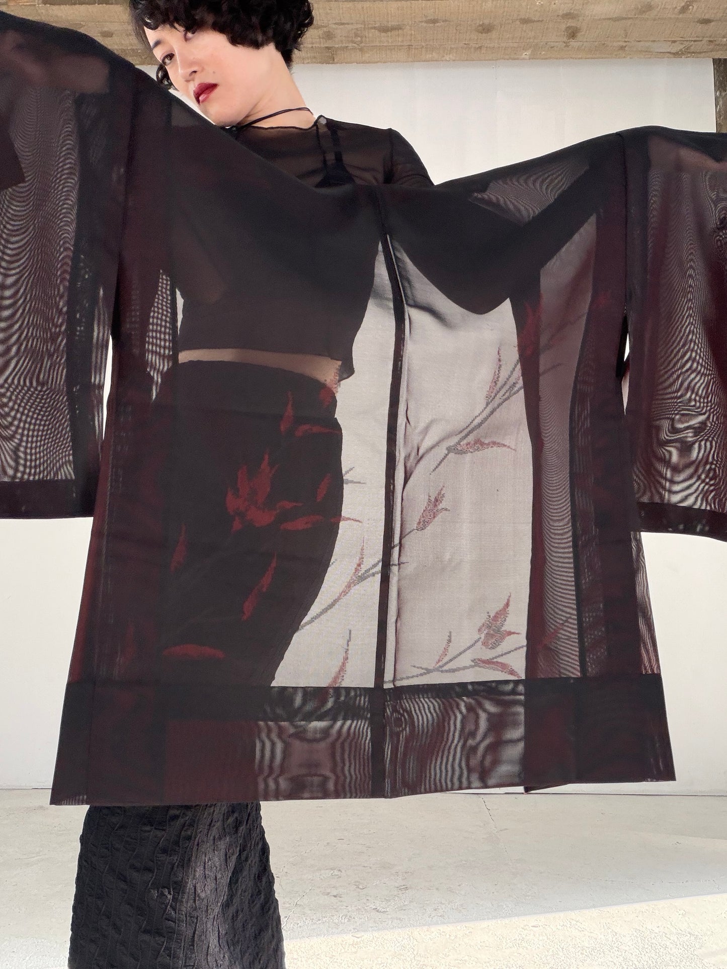 VINTAGE BLACK HAORI SHEER “sha, inside-red, hana SHH047"