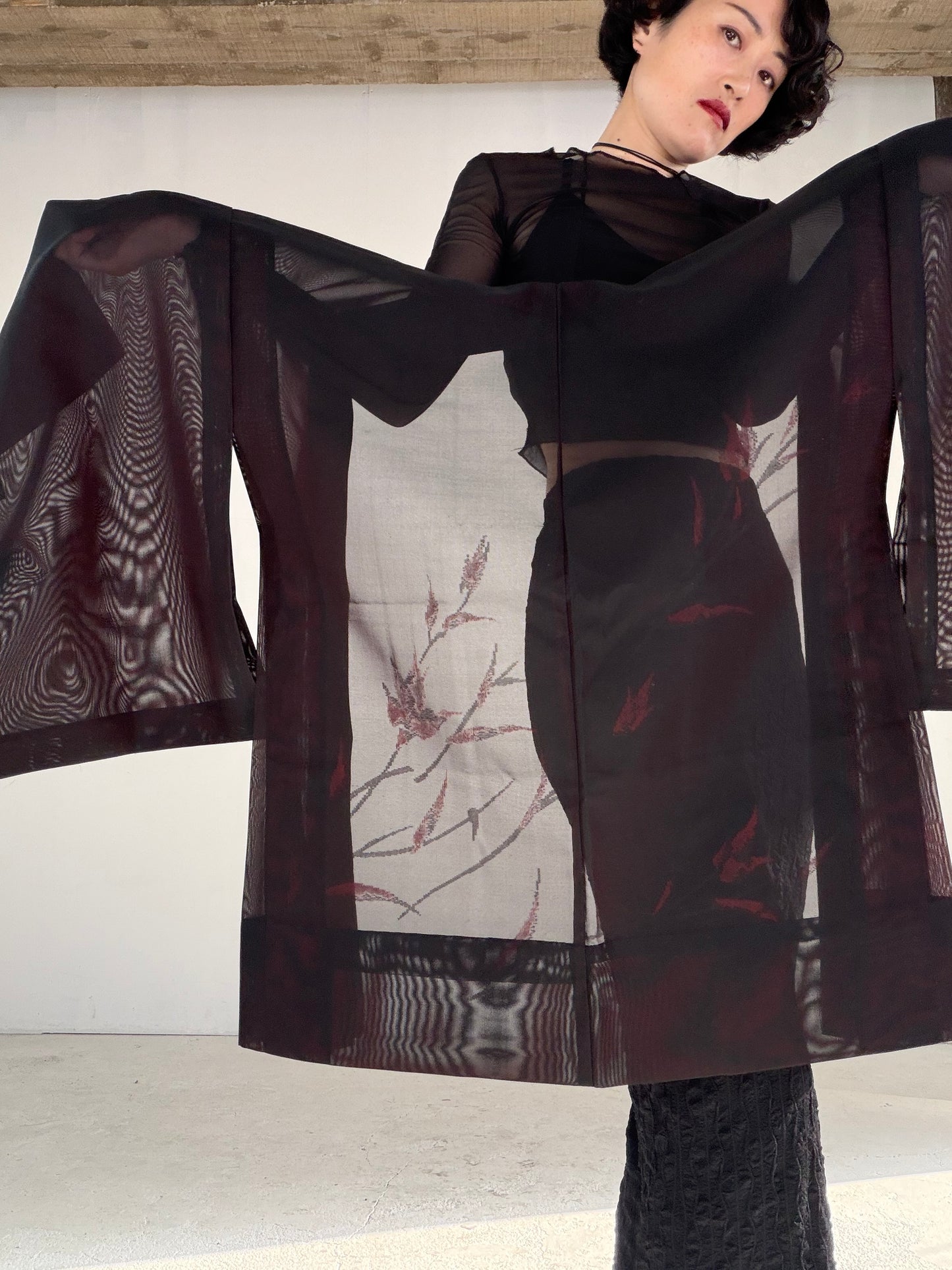 VINTAGE BLACK HAORI SHEER “sha, inside-red, hana SHH047"