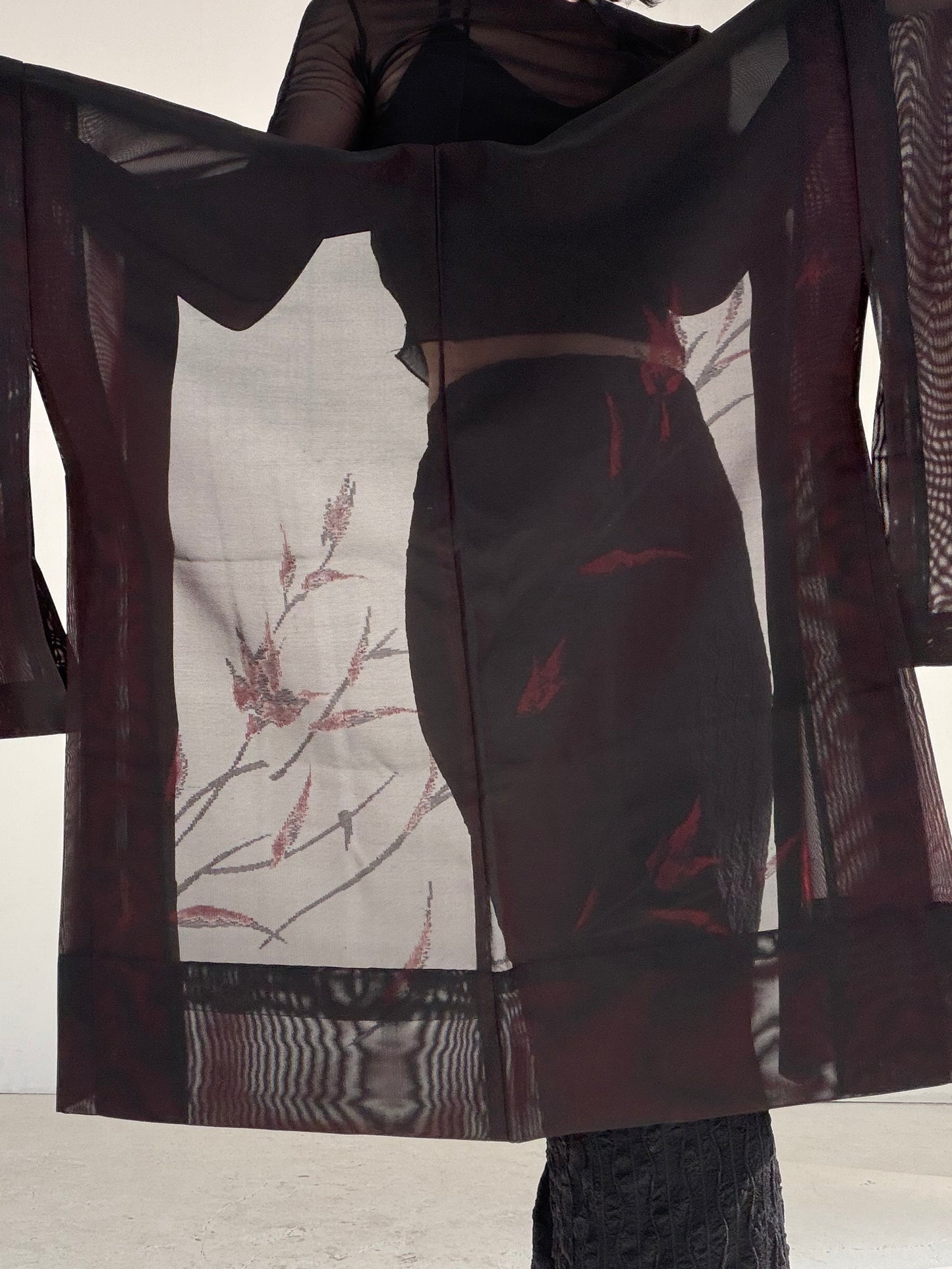 VINTAGE BLACK HAORI SHEER “sha, inside-red, hana SHH047"