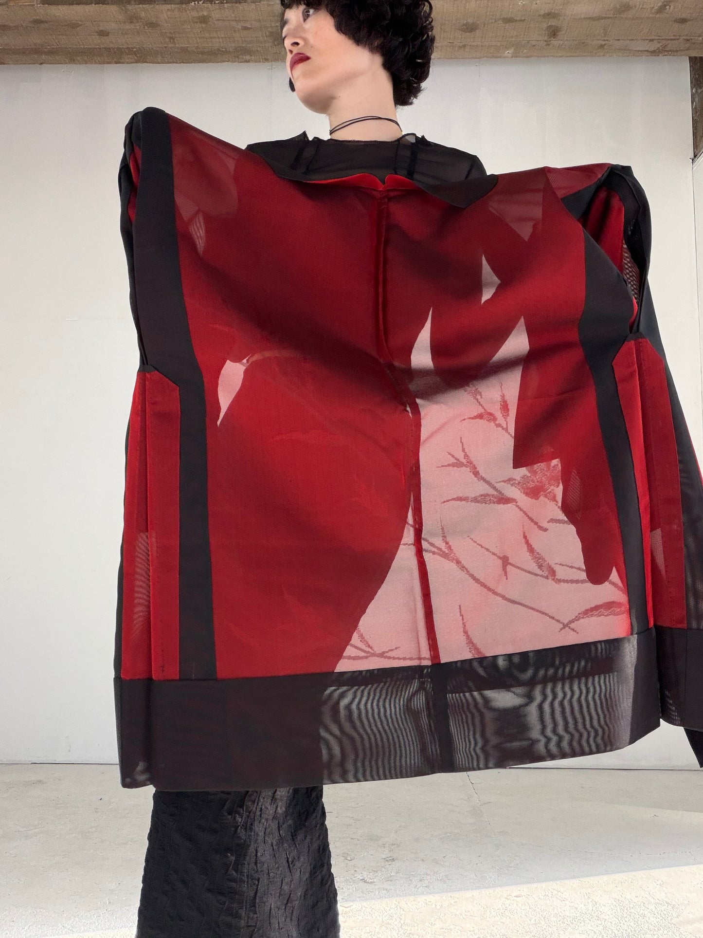 VINTAGE BLACK HAORI SHEER “sha, inside-red, hana SHH047"