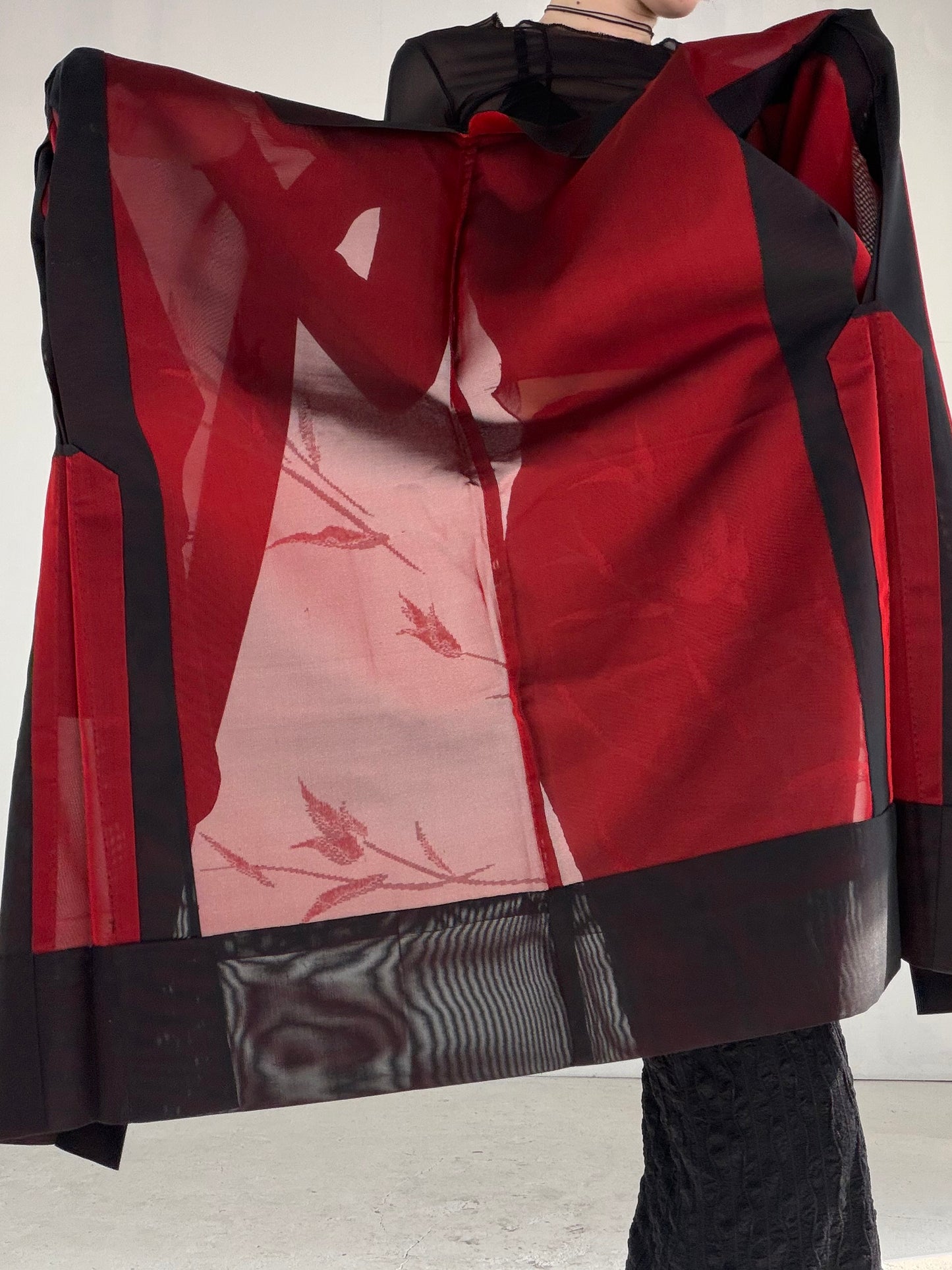 VINTAGE BLACK HAORI SHEER “sha, inside-red, hana SHH047"