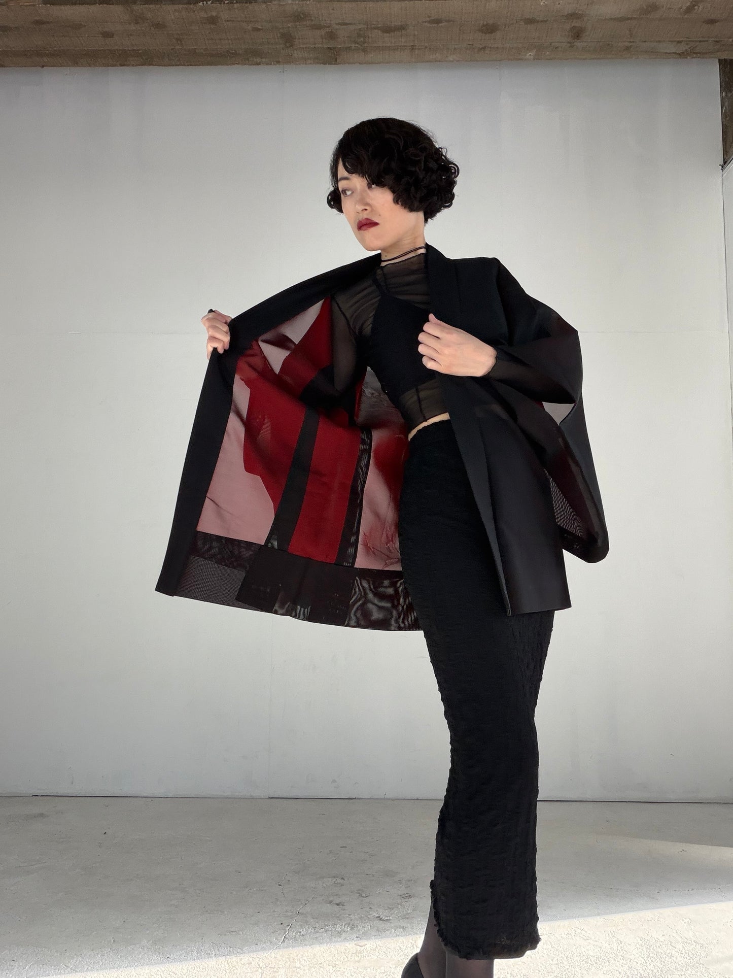 VINTAGE BLACK HAORI SHEER “sha, inside-red, hana SHH047"