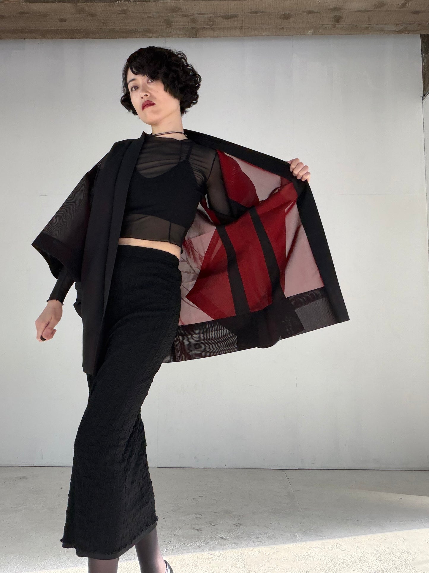 VINTAGE BLACK HAORI SHEER “sha, inside-red, hana SHH047"