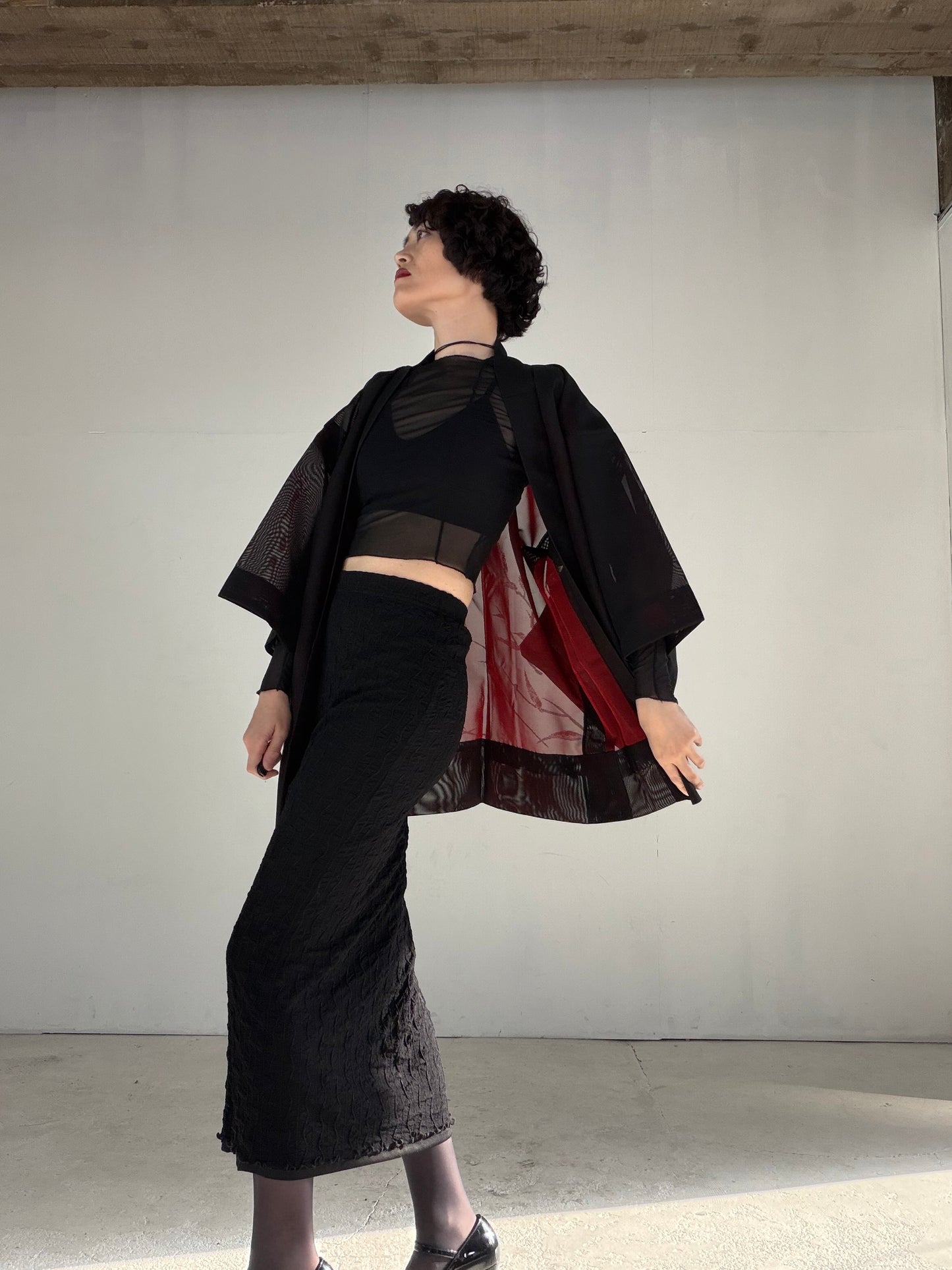 VINTAGE BLACK HAORI SHEER “sha, inside-red, hana SHH047"