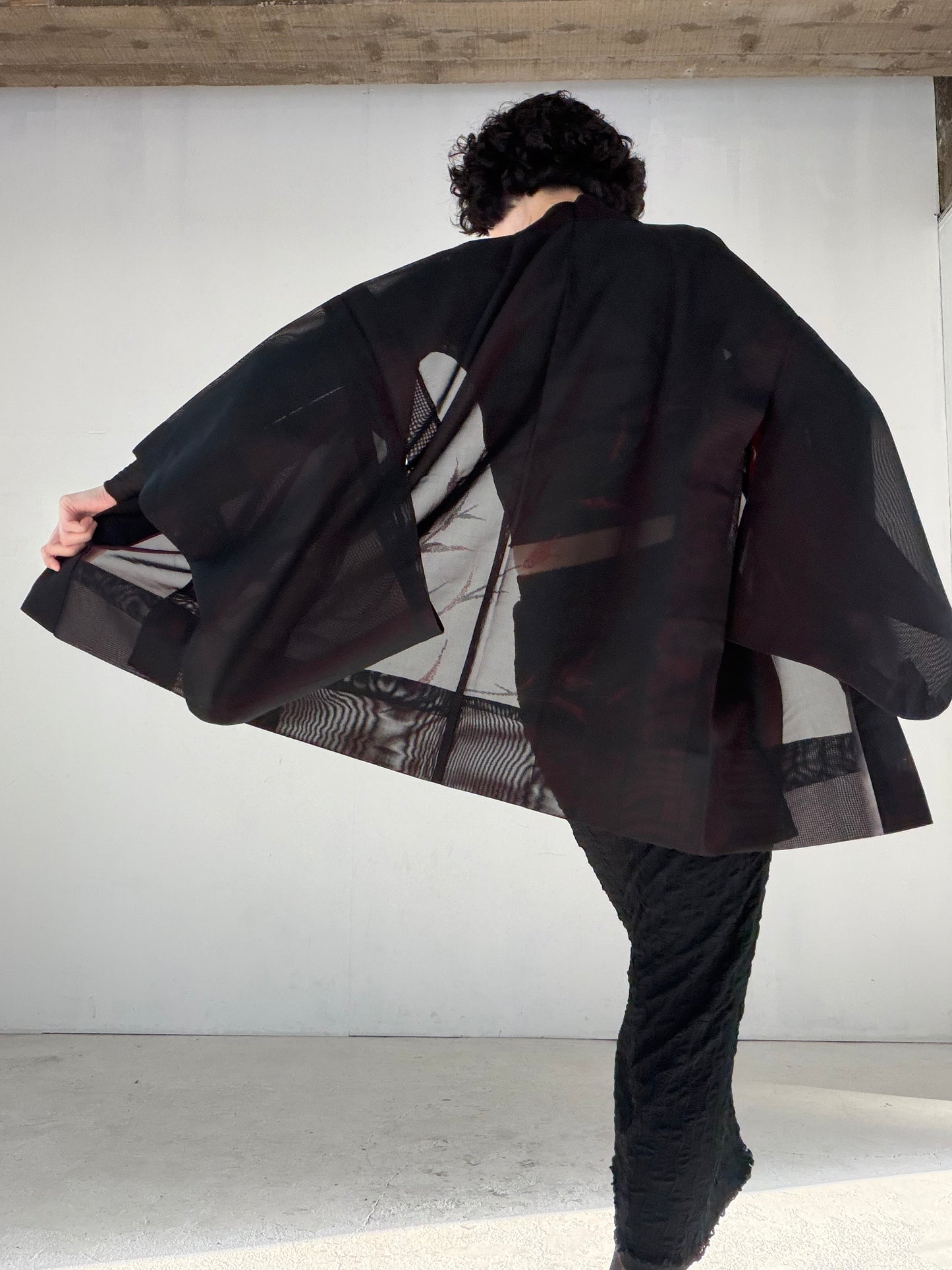 VINTAGE BLACK HAORI SHEER “sha, inside-red, hana SHH047"