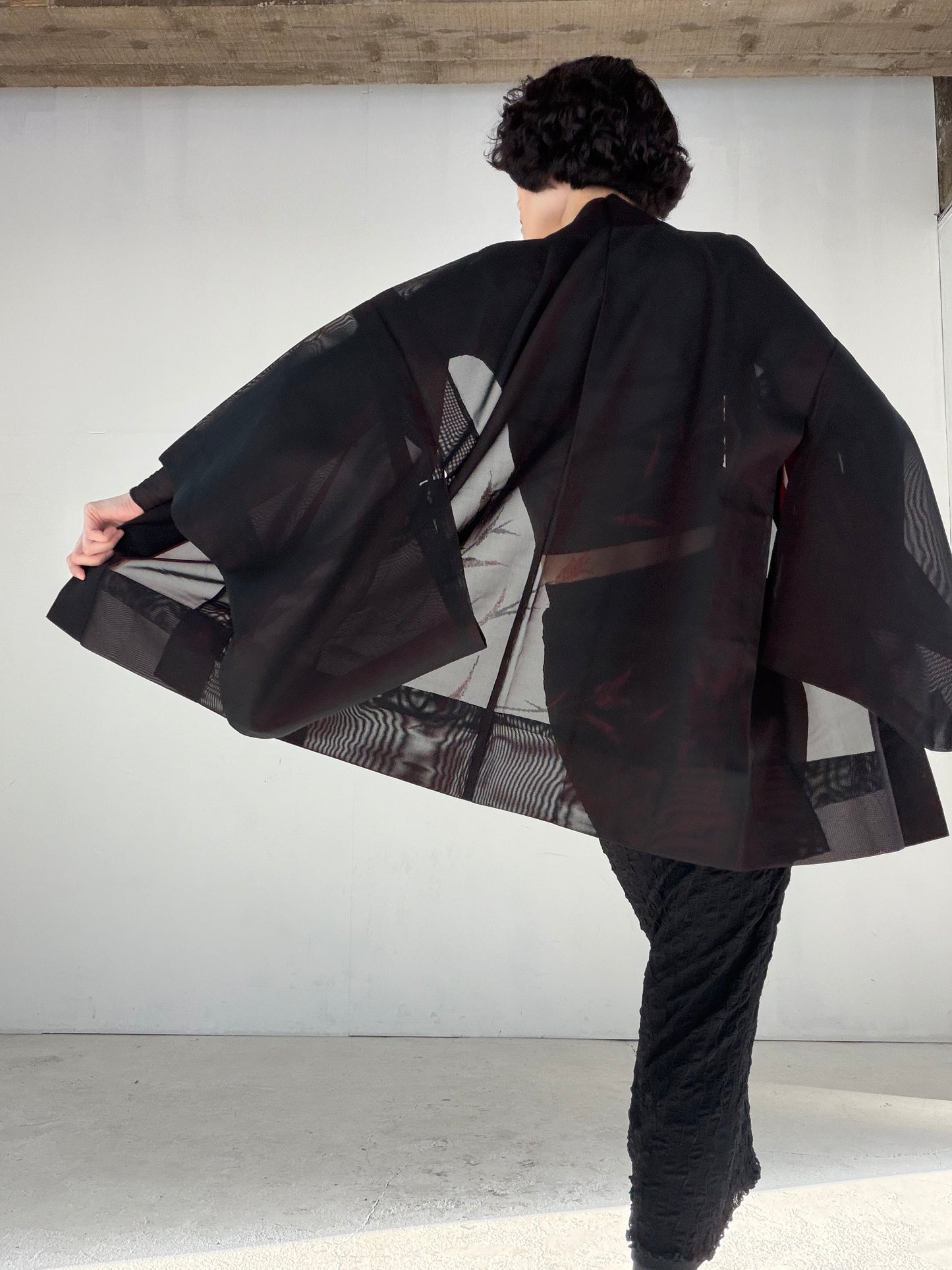 VINTAGE BLACK HAORI SHEER “sha, inside-red, hana SHH047"