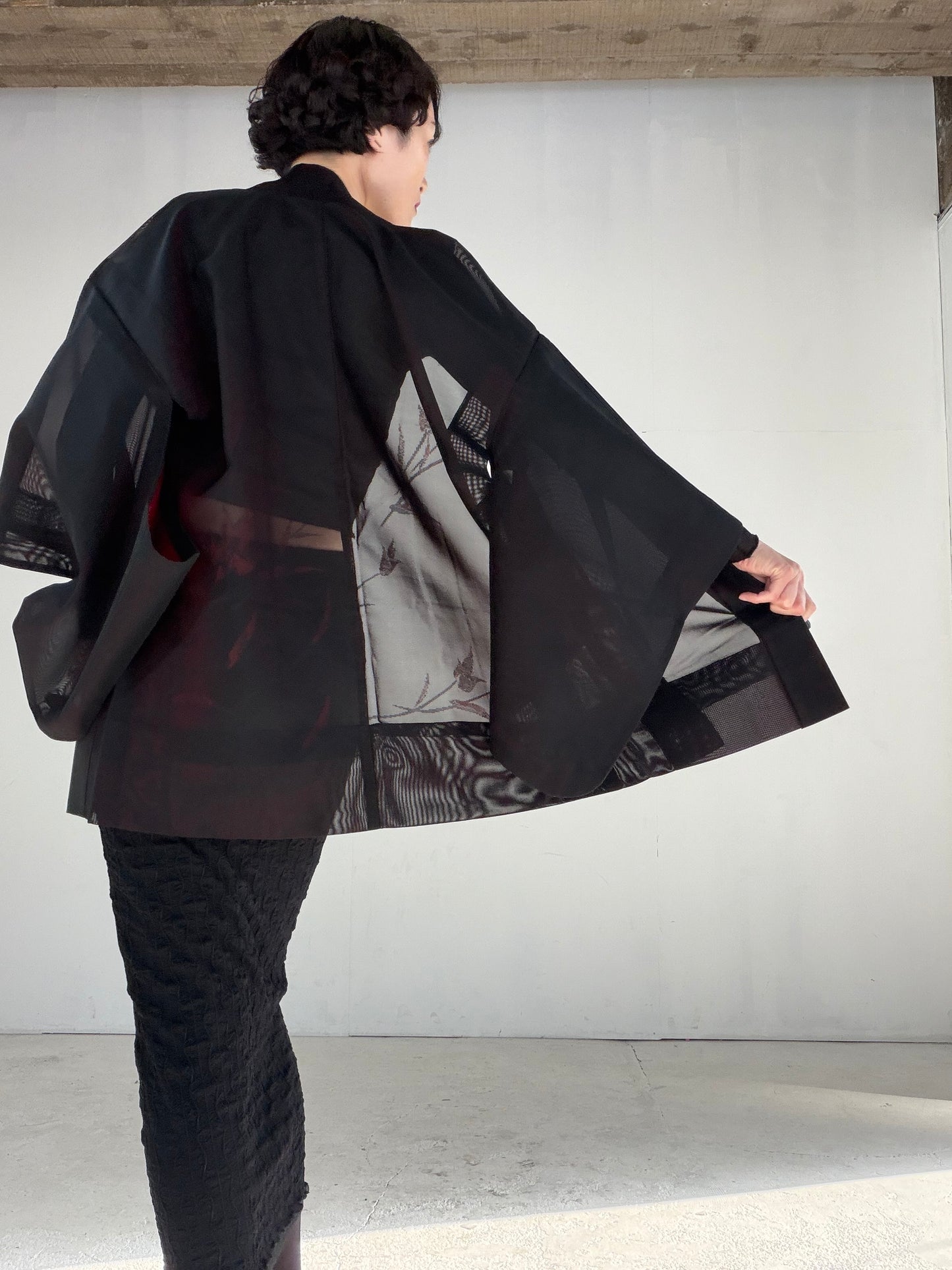 VINTAGE BLACK HAORI SHEER “sha, inside-red, hana SHH047"