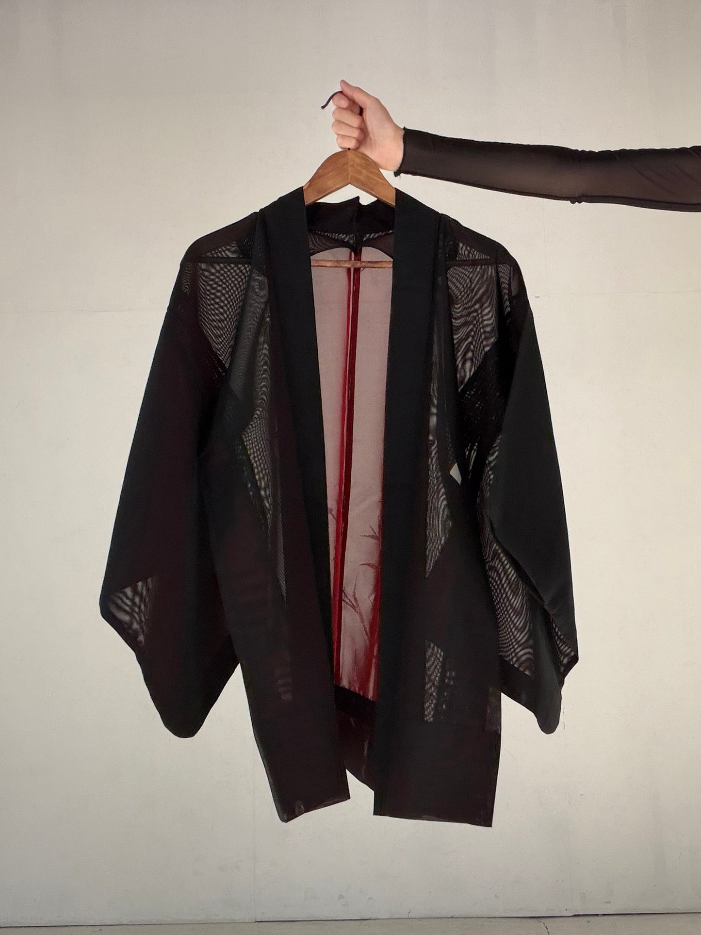 VINTAGE BLACK HAORI SHEER “sha, inside-red, hana SHH047"