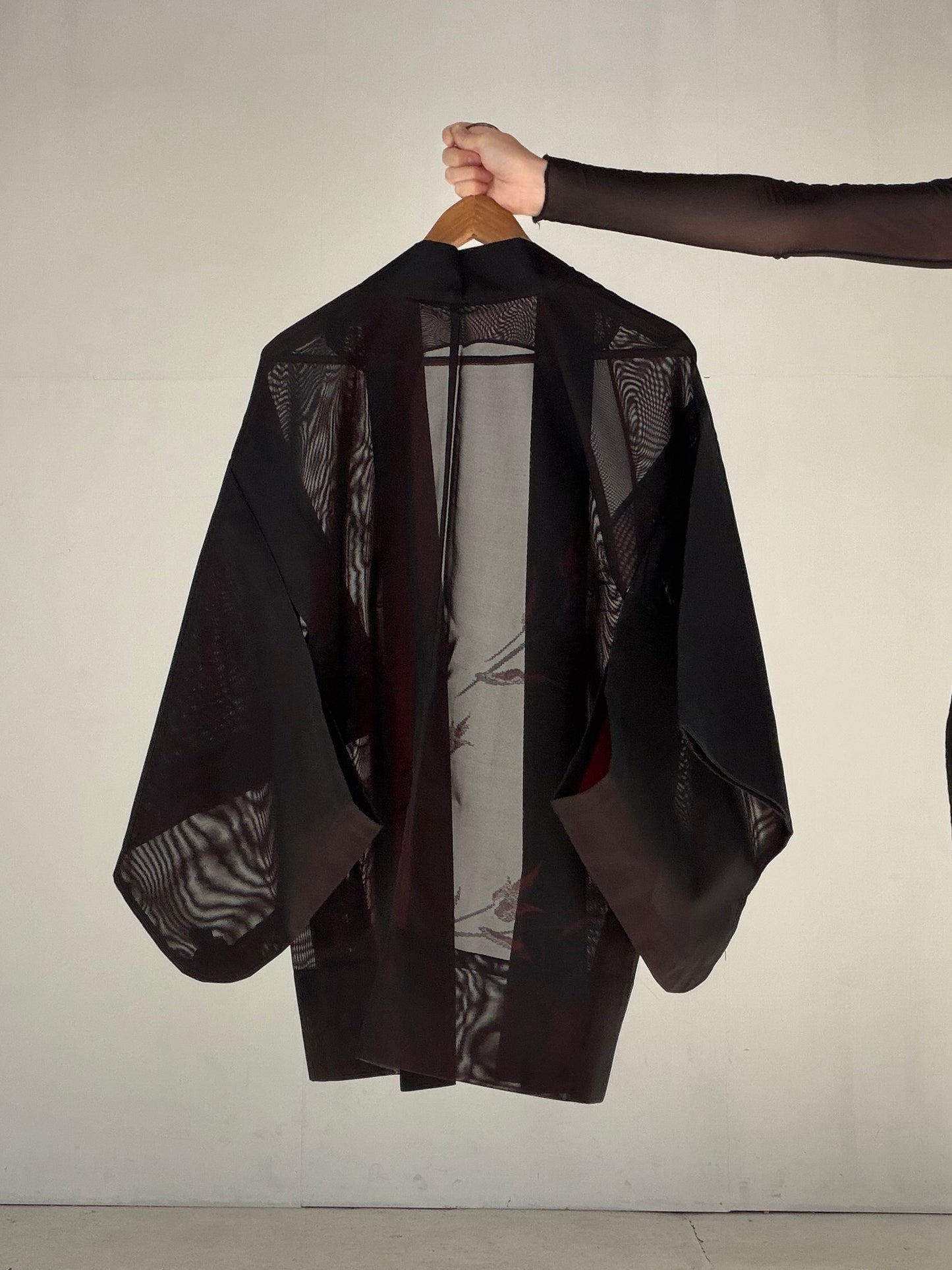 VINTAGE BLACK HAORI SHEER “sha, inside-red, hana SHH047"
