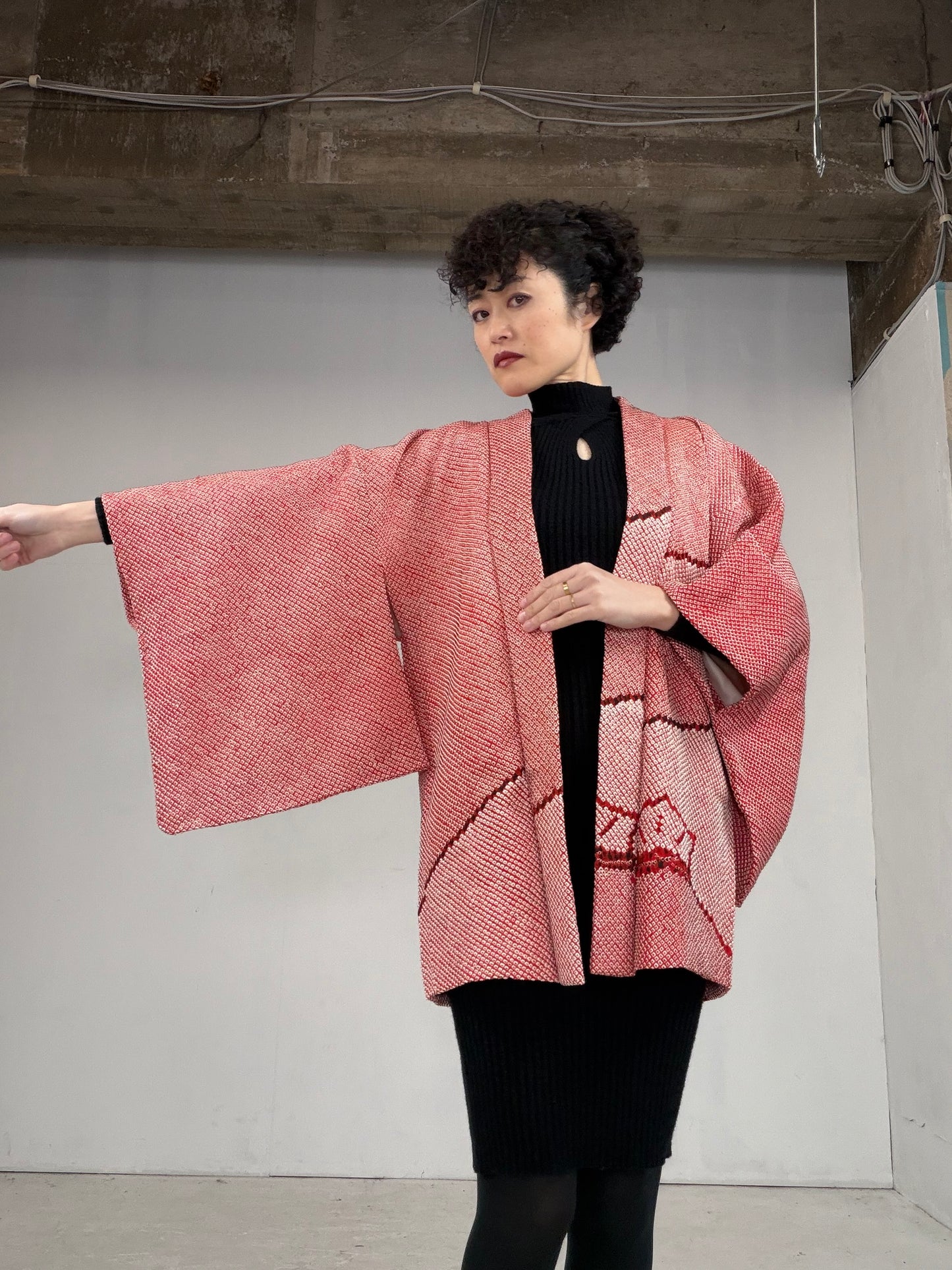 VINTAGE SHIBORI HAORI "matsu-pink, SIB101"*damage