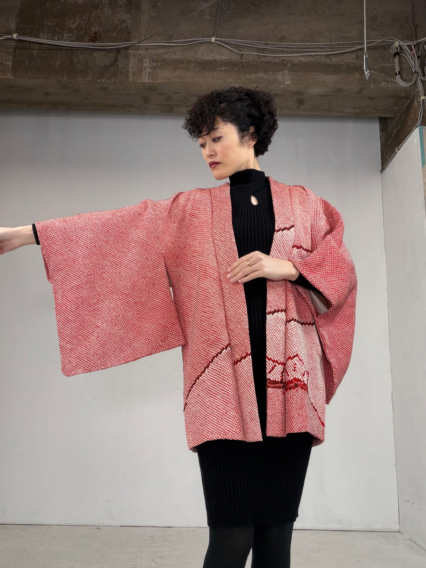 VINTAGE SHIBORI HAORI "matsu-pink, SIB101"*damage