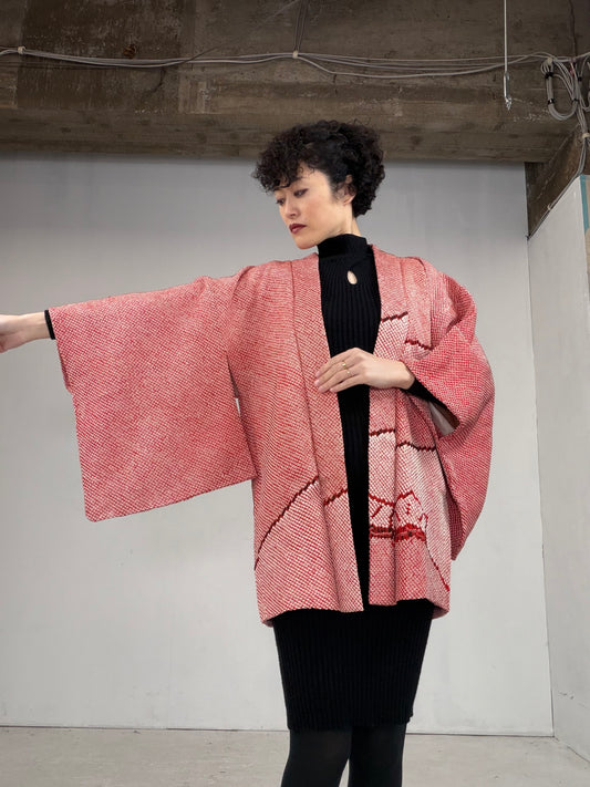 VINTAGE SHIBORI HAORI "matsu-pink, SIB101"*damage