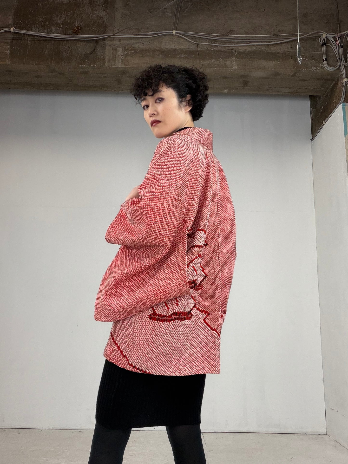 VINTAGE SHIBORI HAORI "matsu-pink, SIB101"*damage