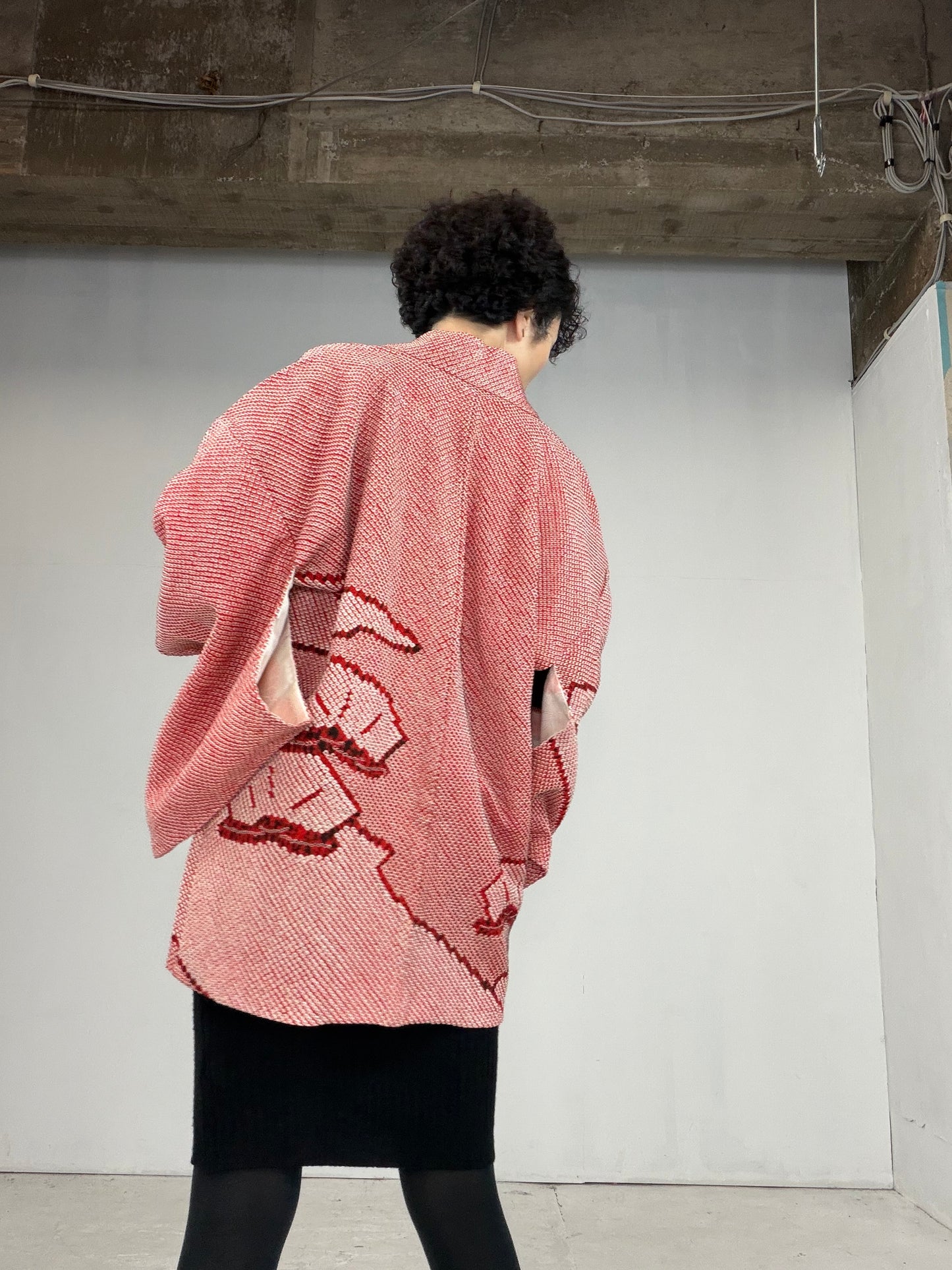 VINTAGE SHIBORI HAORI "matsu-pink, SIB101"*damage