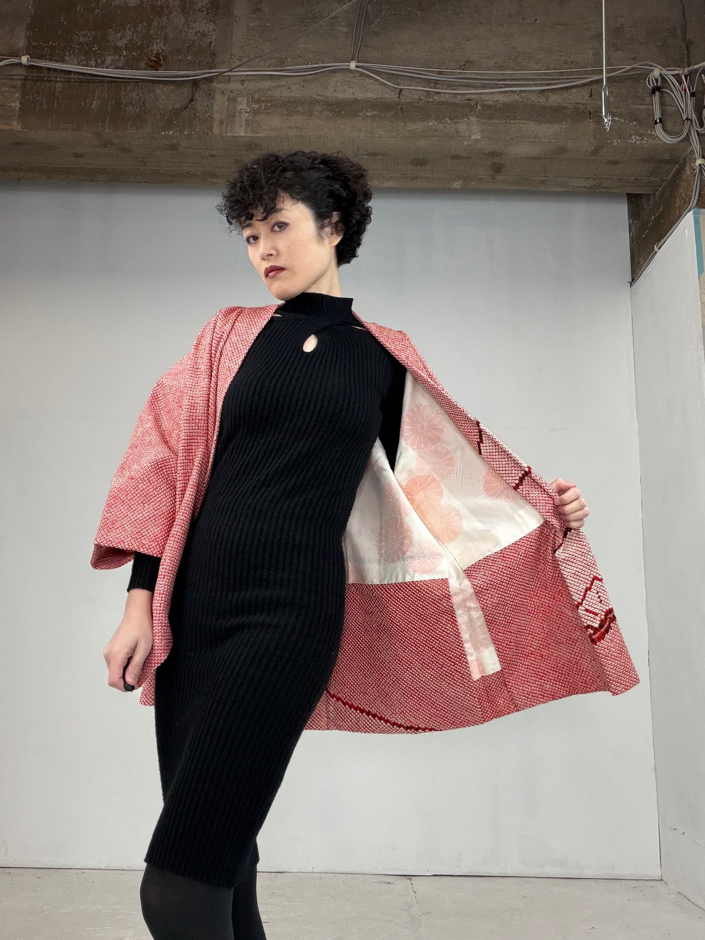 VINTAGE SHIBORI HAORI "matsu-pink, SIB101"*damage