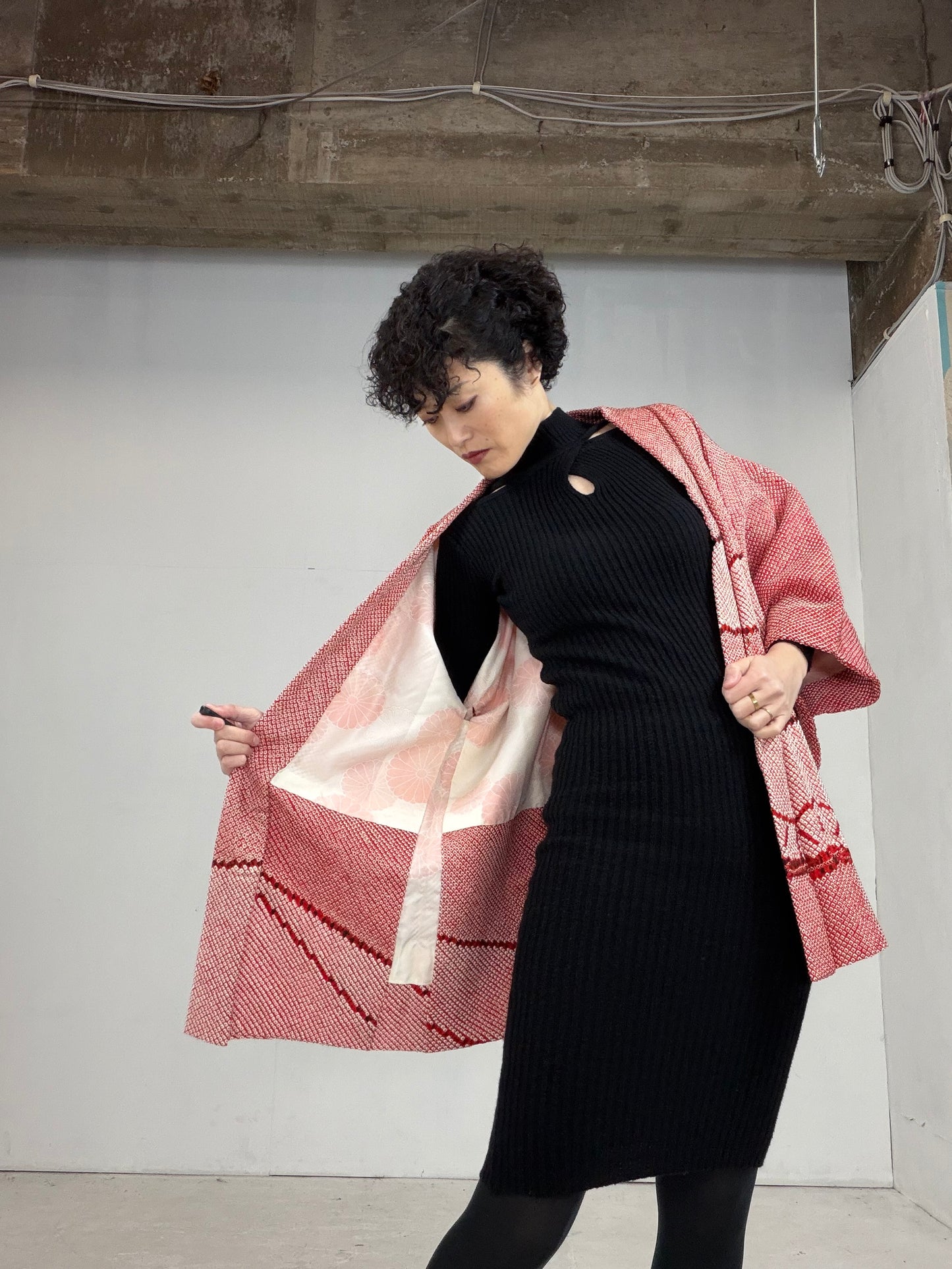 VINTAGE SHIBORI HAORI "matsu-pink, SIB101"*damage