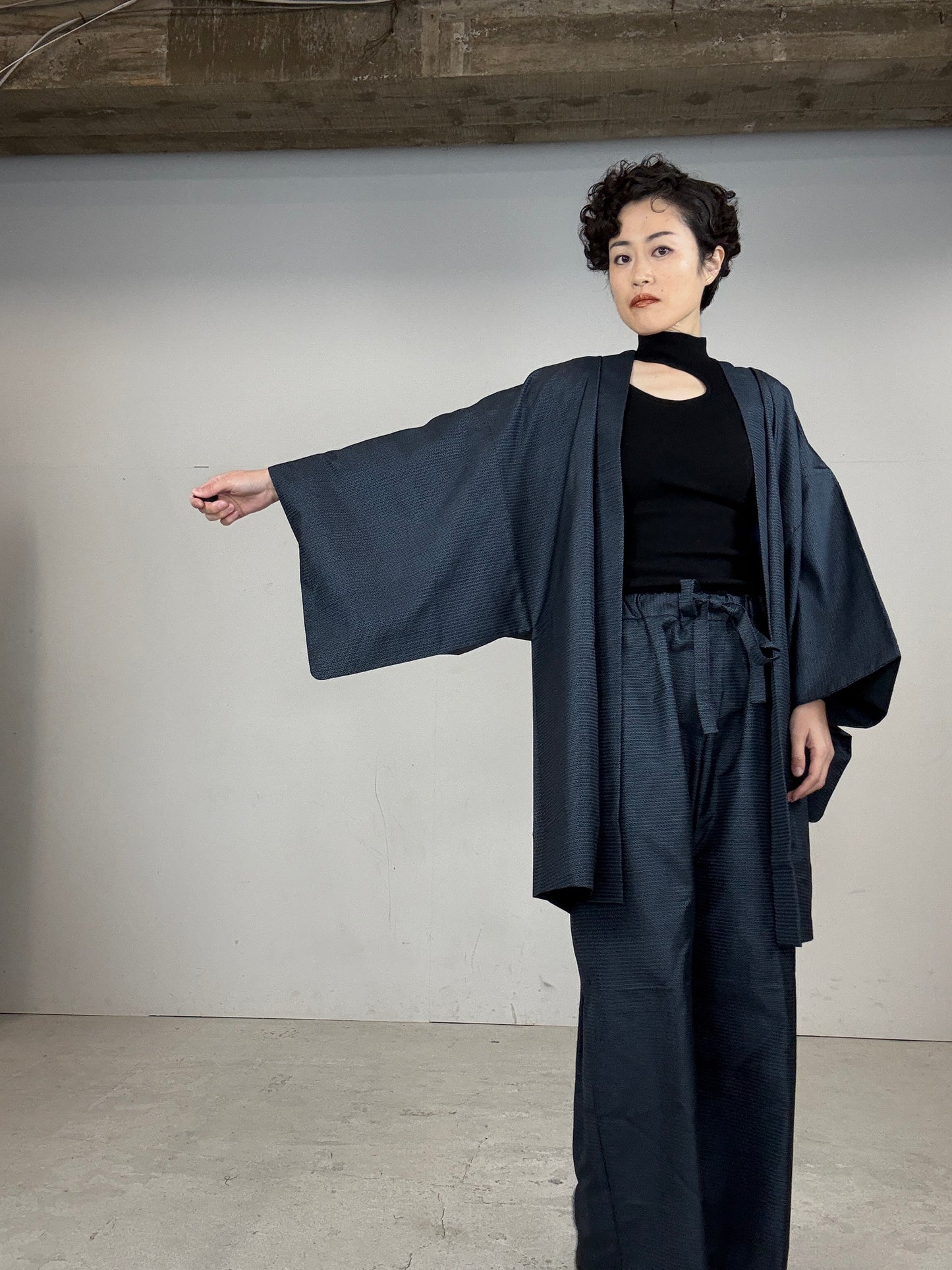 Oshima Tsumugi HAORI  and KIMONO elastic waist pants(large size) upcycled from Japanese kimono(Unisex)"TAKA"