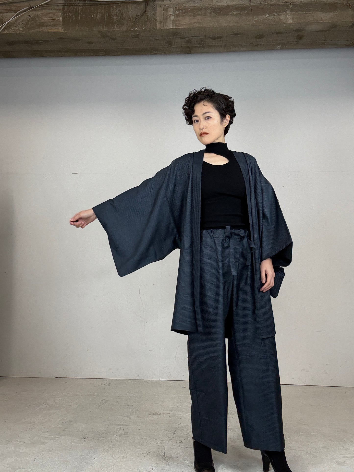 Oshima Tsumugi HAORI  and KIMONO elastic waist pants(large size) upcycled from Japanese kimono(Unisex)"TAKA"