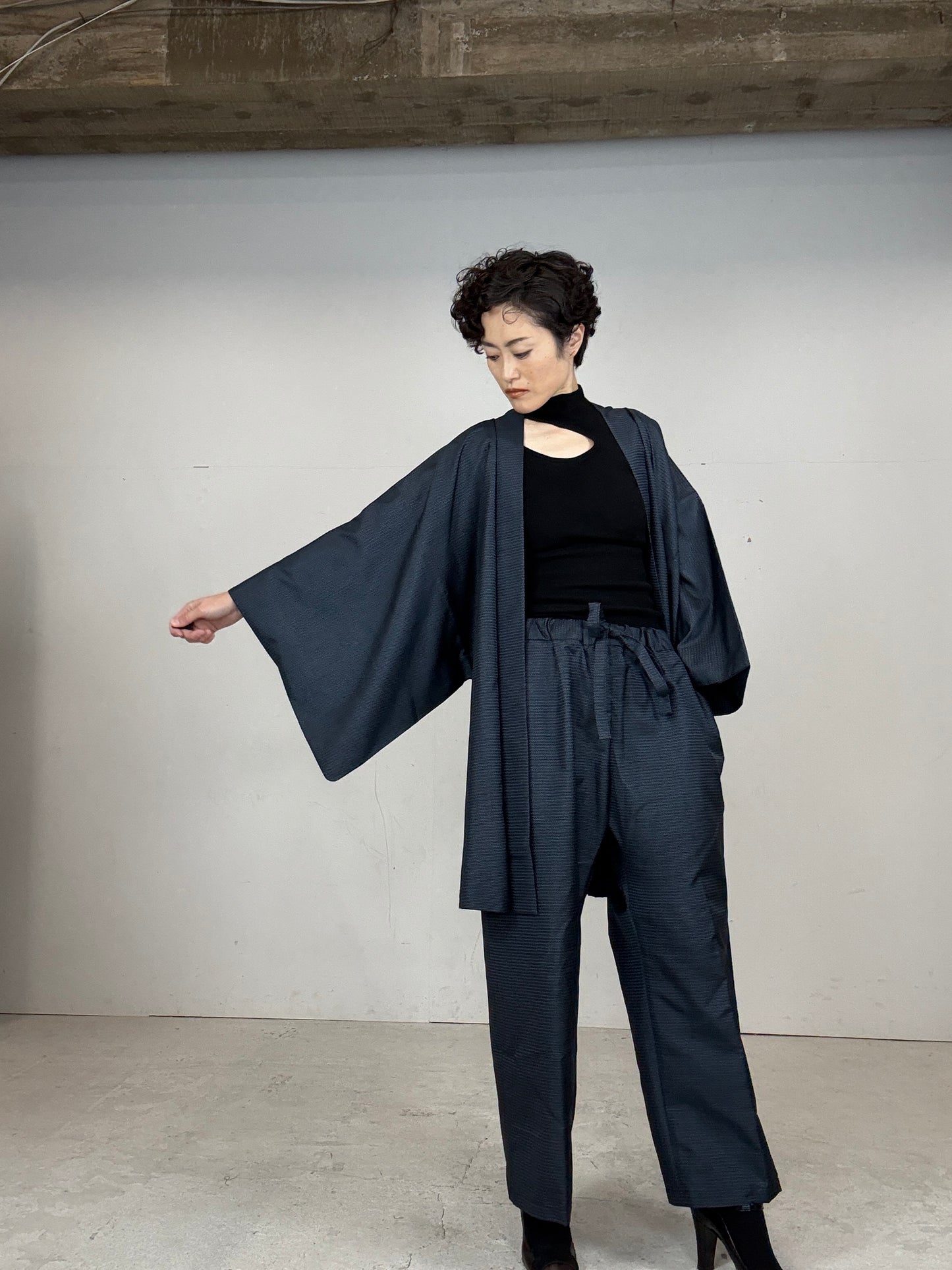 Oshima Tsumugi HAORI  and KIMONO elastic waist pants(large size) upcycled from Japanese kimono(Unisex)"TAKA"