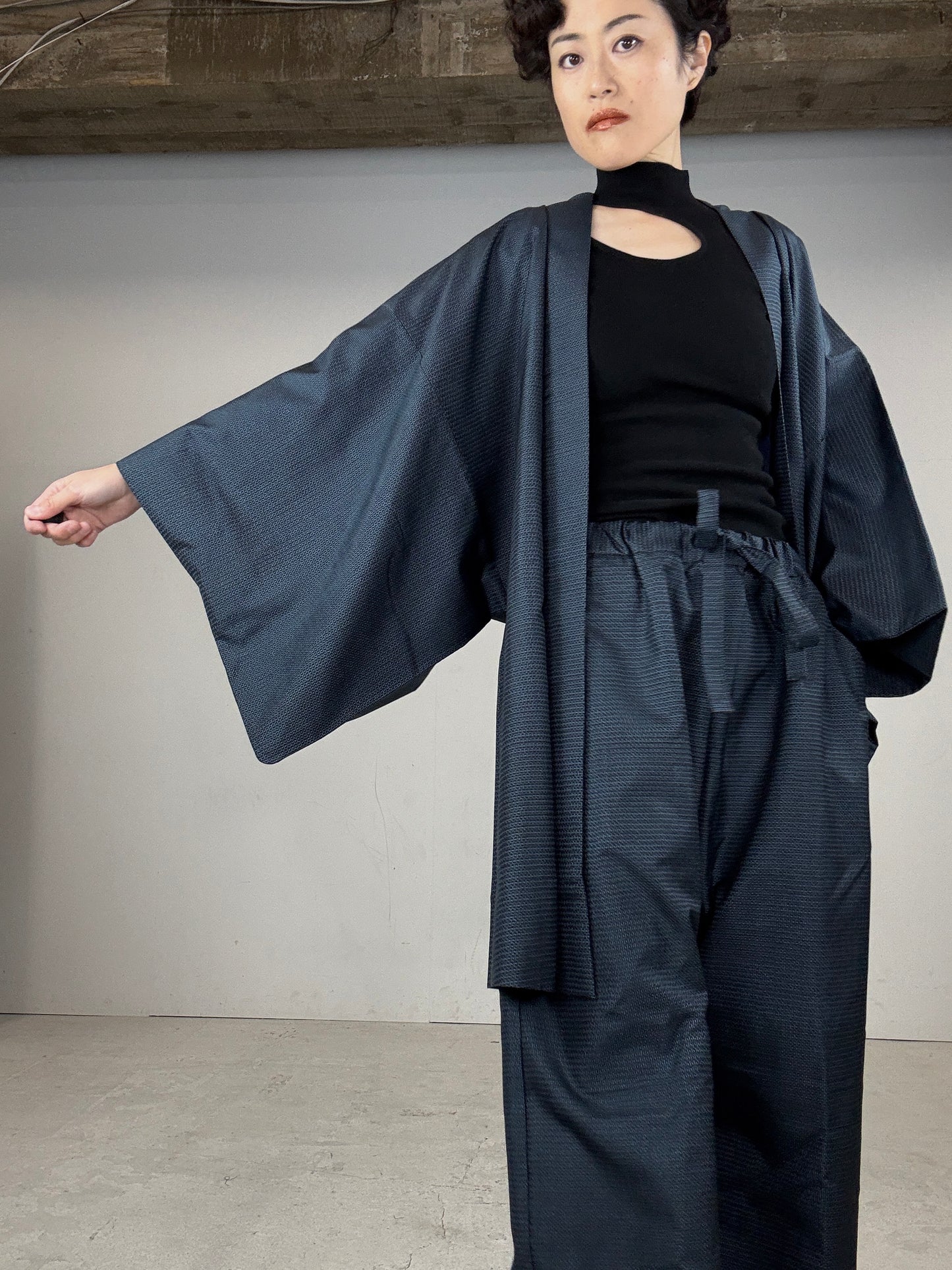 Oshima Tsumugi HAORI  and KIMONO elastic waist pants(large size) upcycled from Japanese kimono(Unisex)"TAKA"