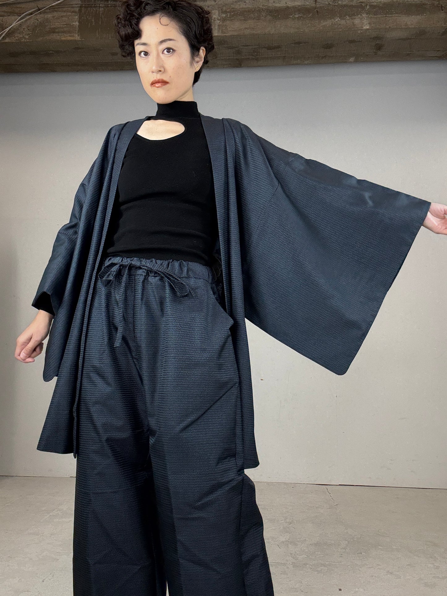 Oshima Tsumugi HAORI  and KIMONO elastic waist pants(large size) upcycled from Japanese kimono(Unisex)"TAKA"