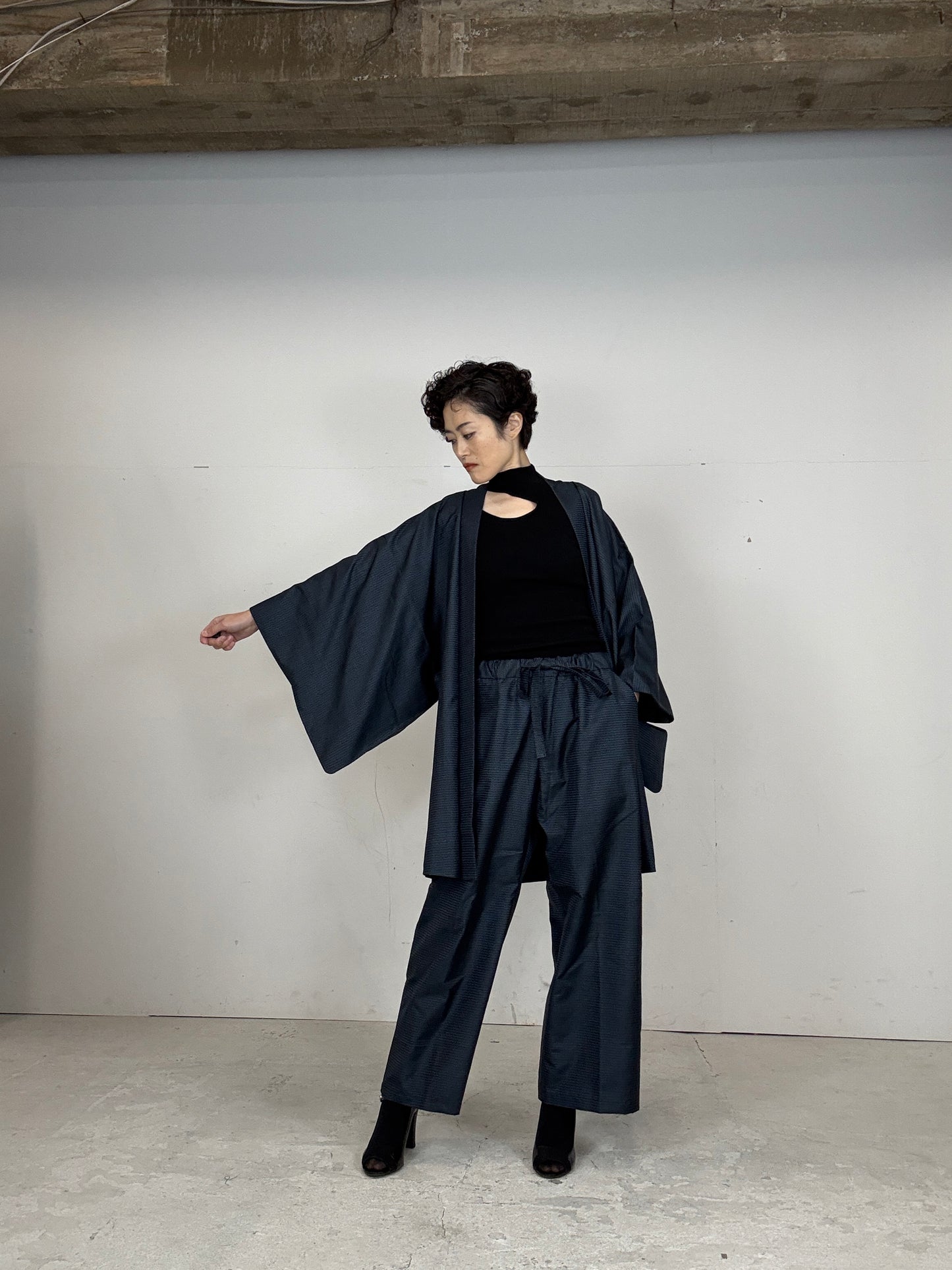 Oshima Tsumugi HAORI  and KIMONO elastic waist pants(large size) upcycled from Japanese kimono(Unisex)"TAKA"