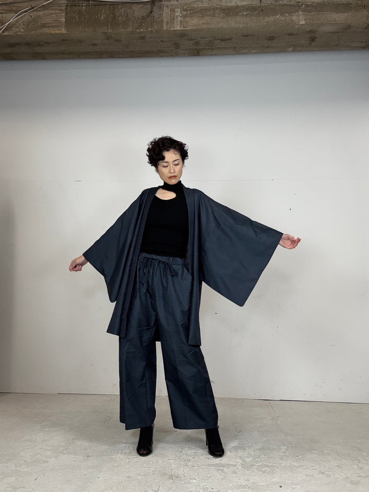 Oshima Tsumugi HAORI  and KIMONO elastic waist pants(large size) upcycled from Japanese kimono(Unisex)"TAKA"