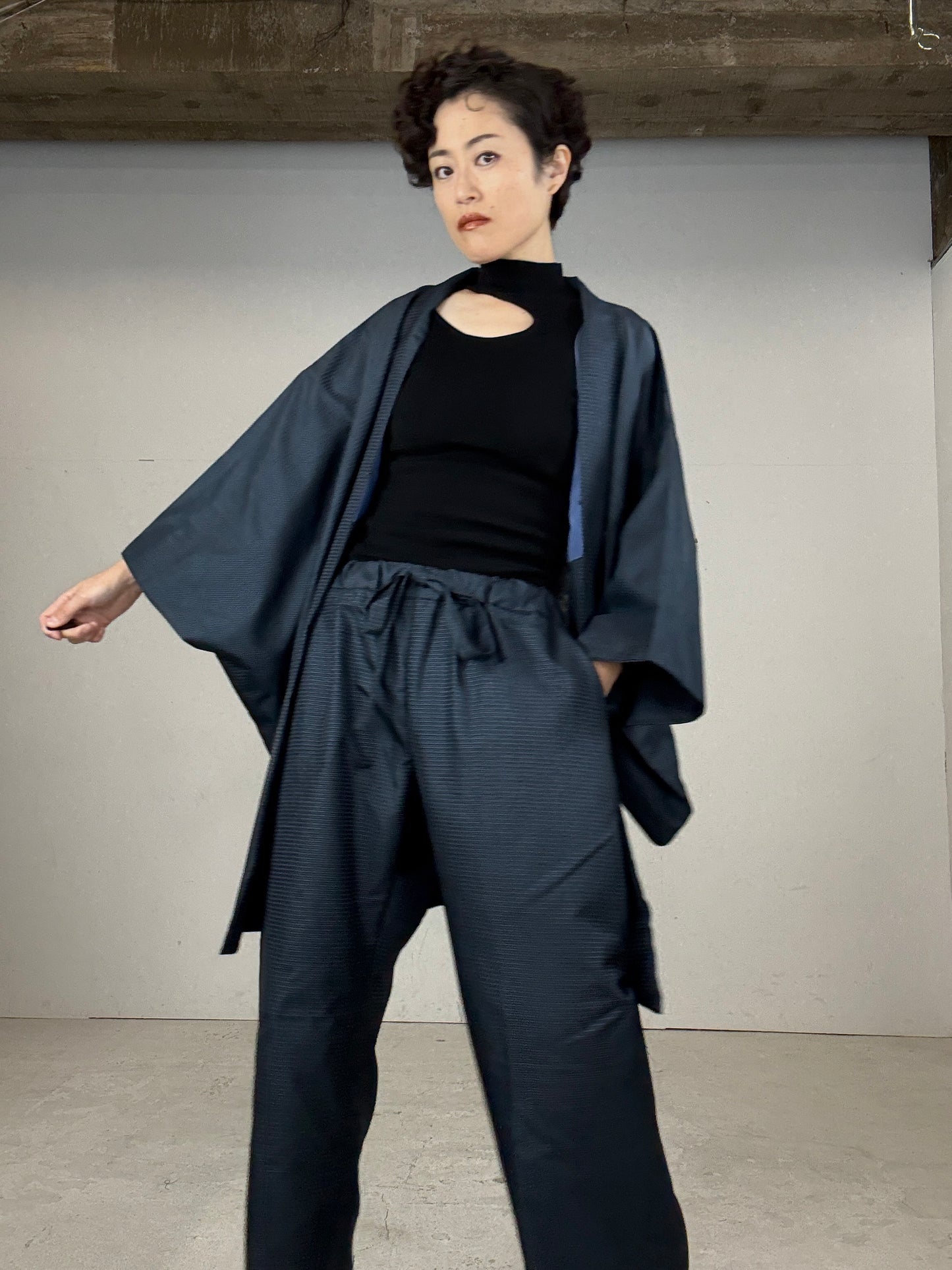 Oshima Tsumugi HAORI  and KIMONO elastic waist pants(large size) upcycled from Japanese kimono(Unisex)"TAKA"