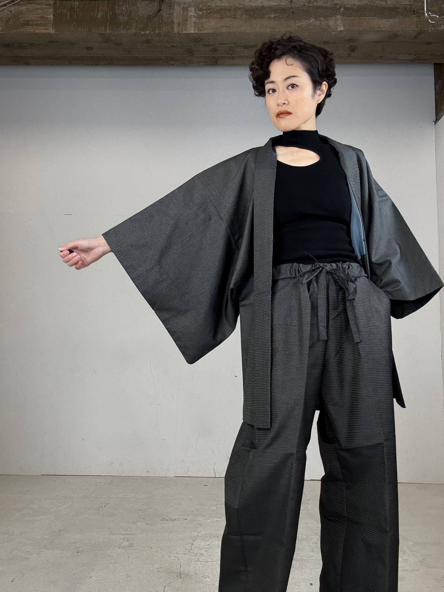 Oshima Tsumugi HAORI  and KIMONO elastic waist pants(large size) upcycled from Japanese kimono(Unisex)"DARUMA"