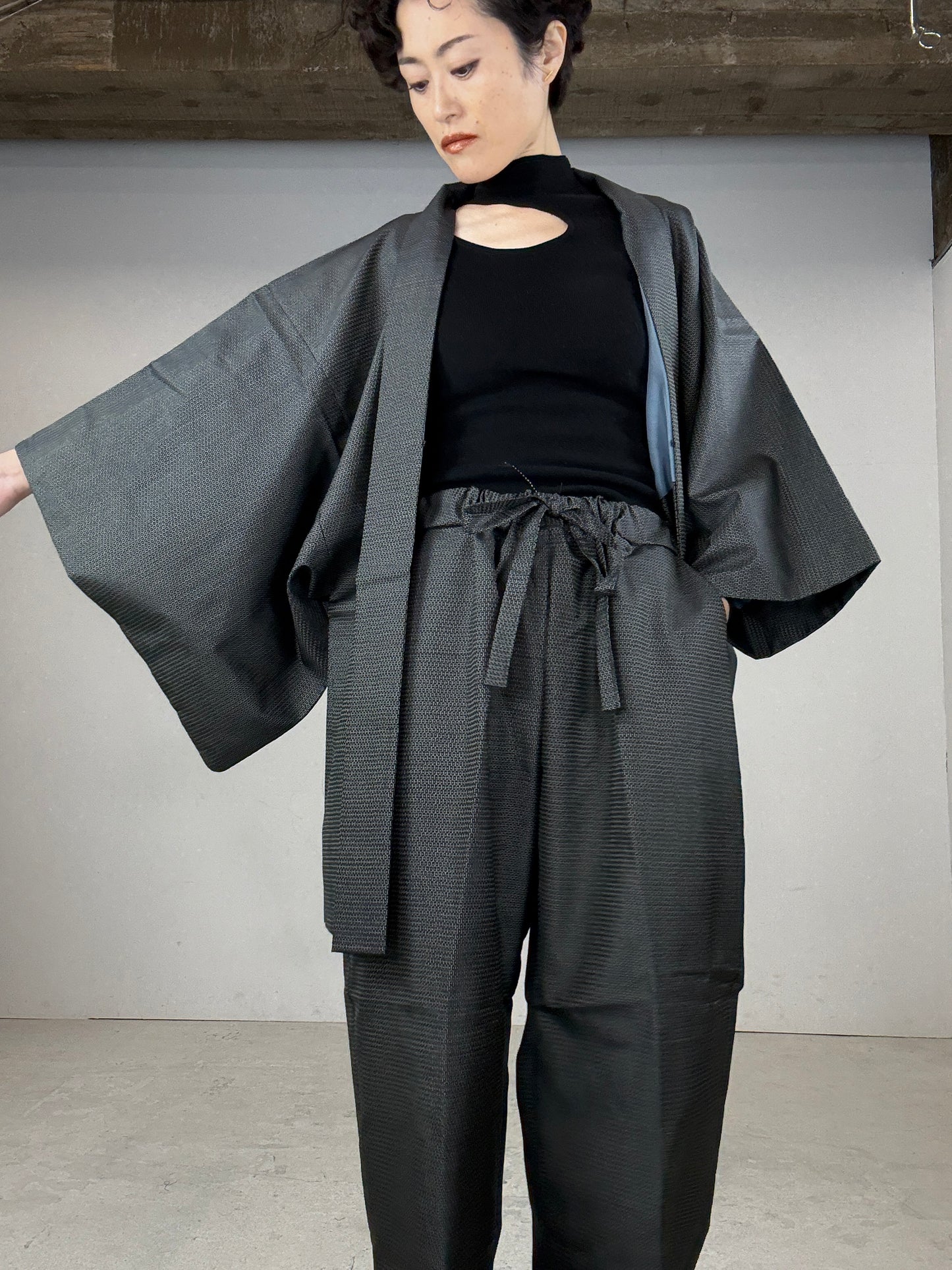 Oshima Tsumugi HAORI  and KIMONO elastic waist pants(large size) upcycled from Japanese kimono(Unisex)"DARUMA"