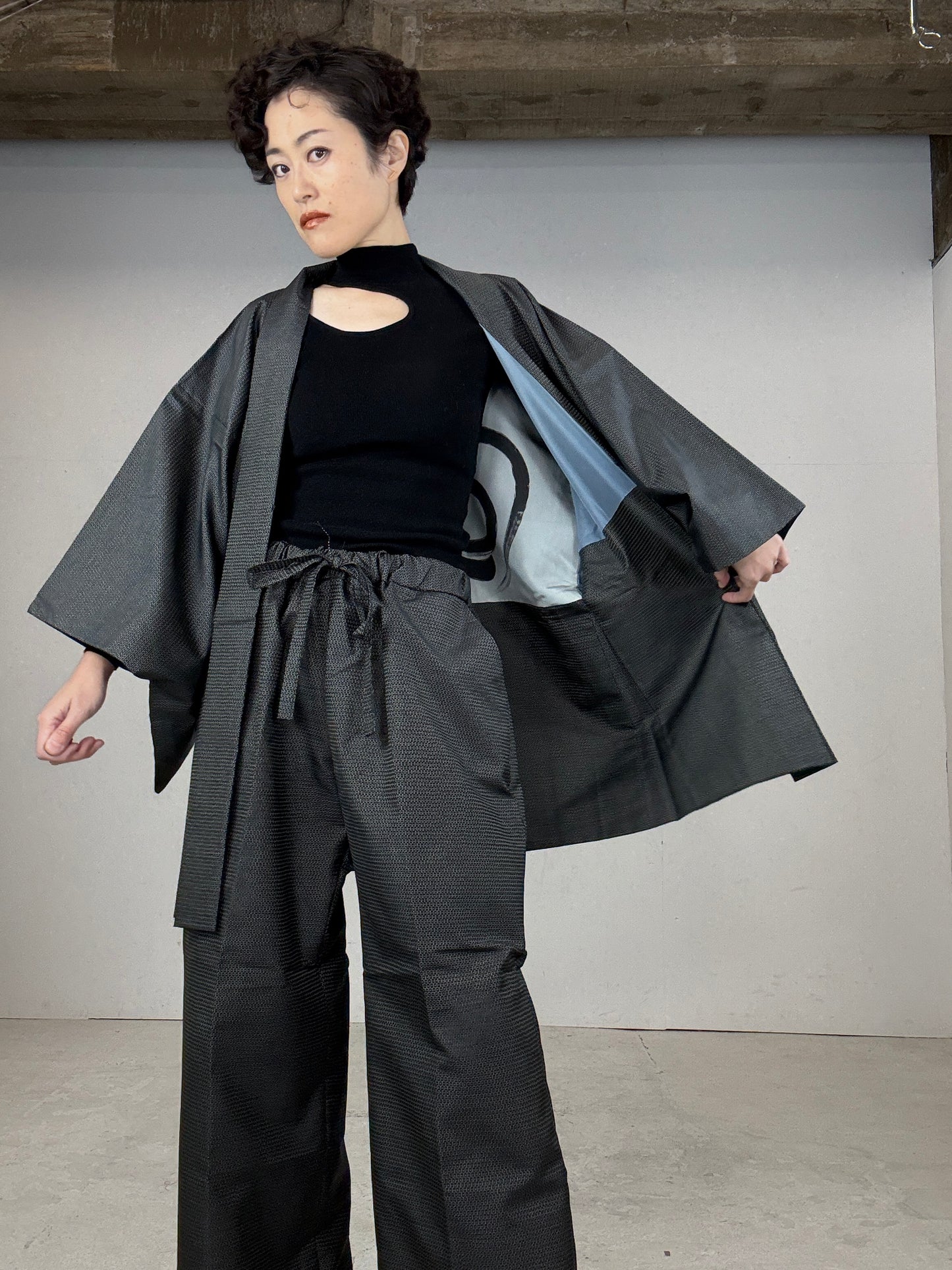 Oshima Tsumugi HAORI  and KIMONO elastic waist pants(large size) upcycled from Japanese kimono(Unisex)"DARUMA"