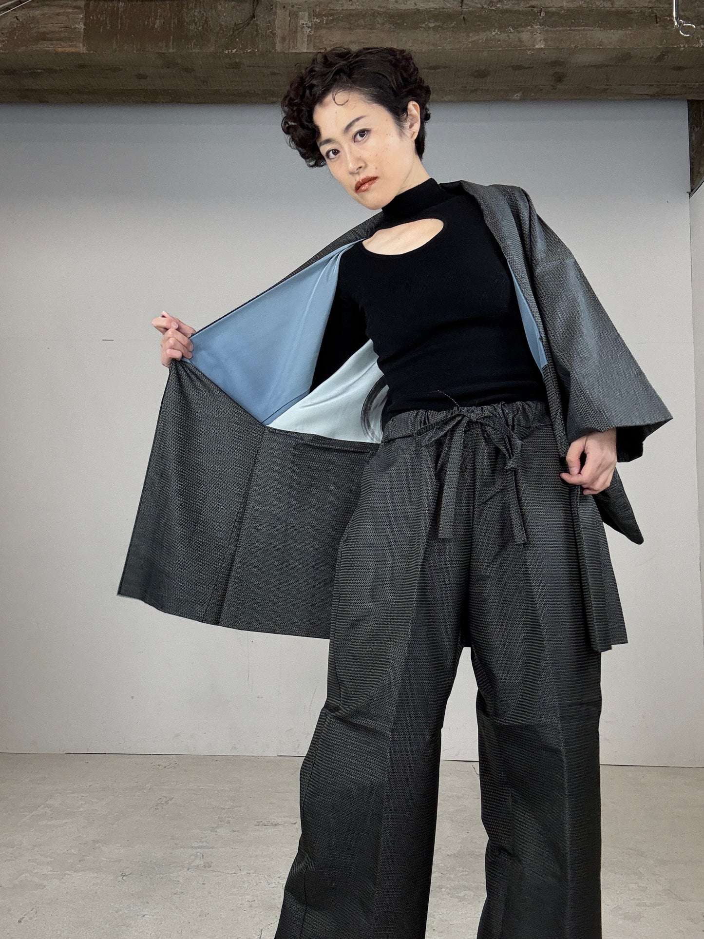 Oshima Tsumugi HAORI  and KIMONO elastic waist pants(large size) upcycled from Japanese kimono(Unisex)"DARUMA"