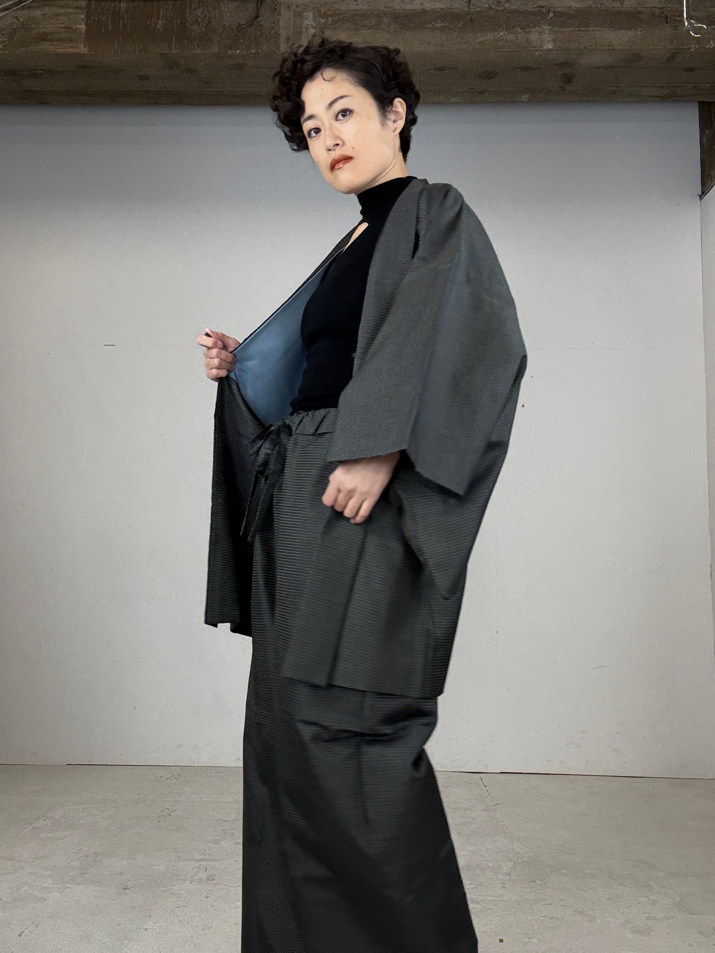 Oshima Tsumugi HAORI  and KIMONO elastic waist pants(large size) upcycled from Japanese kimono(Unisex)"DARUMA"