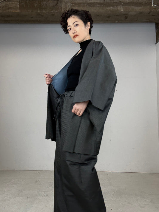 Oshima Tsumugi HAORI  and KIMONO elastic waist pants(large size) upcycled from Japanese kimono(Unisex)"DARUMA"