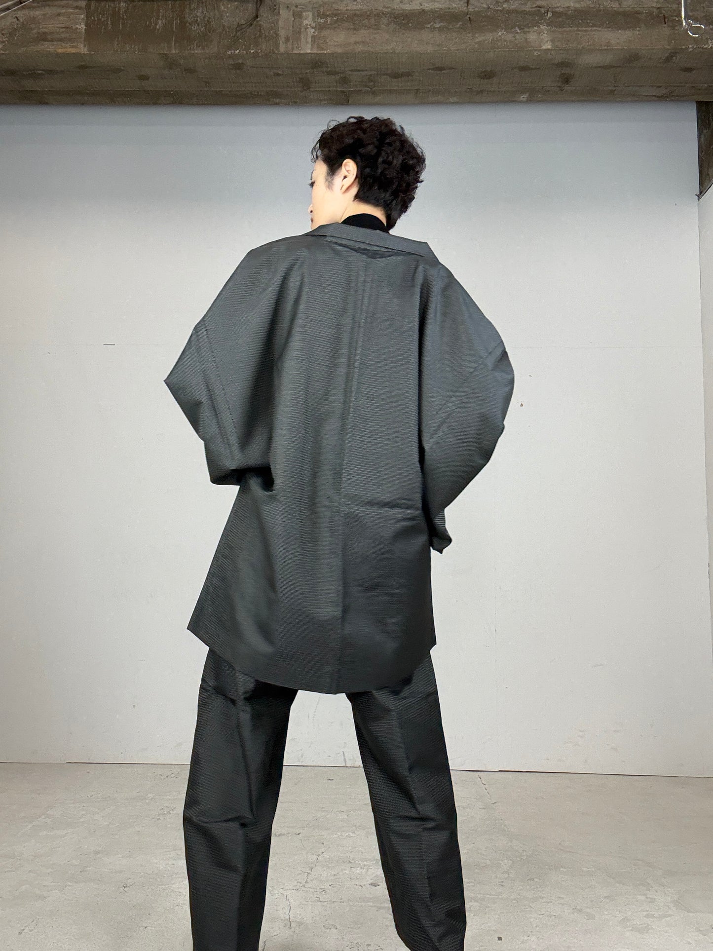 Oshima Tsumugi HAORI  and KIMONO elastic waist pants(large size) upcycled from Japanese kimono(Unisex)"DARUMA"