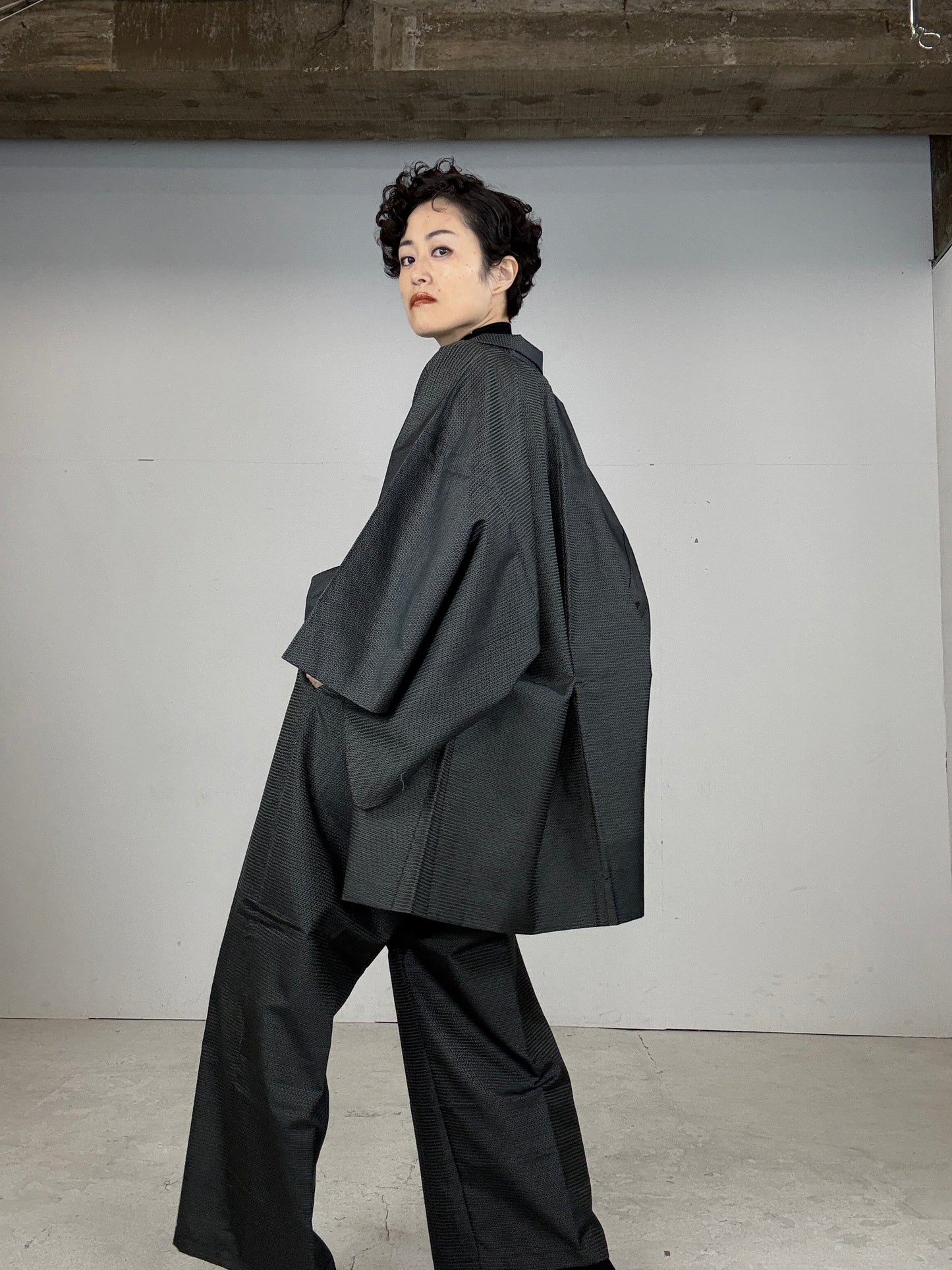 Oshima Tsumugi HAORI  and KIMONO elastic waist pants(large size) upcycled from Japanese kimono(Unisex)"DARUMA"