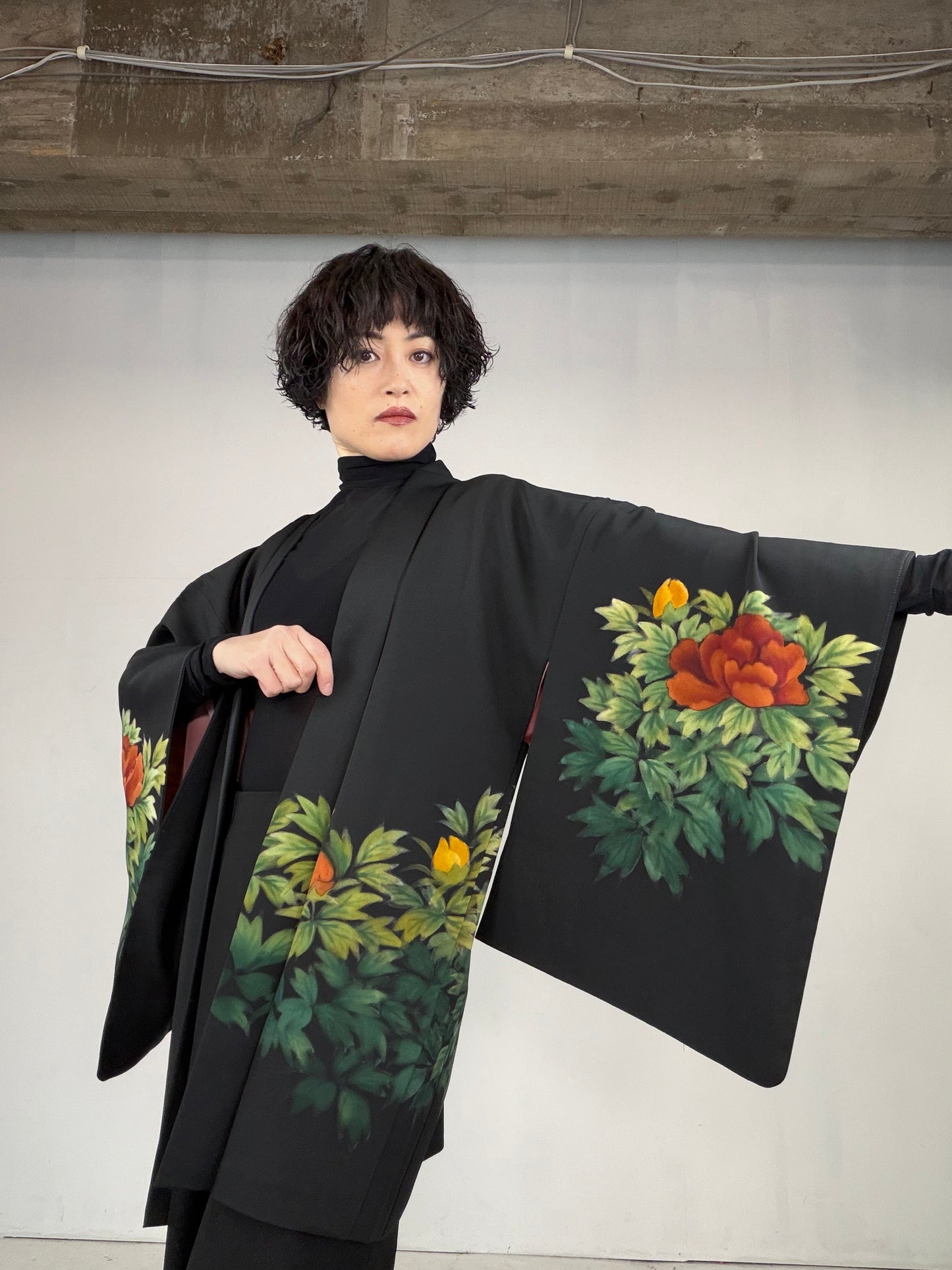 VINTAGE BLACK HAORI  "botan, BLK120"