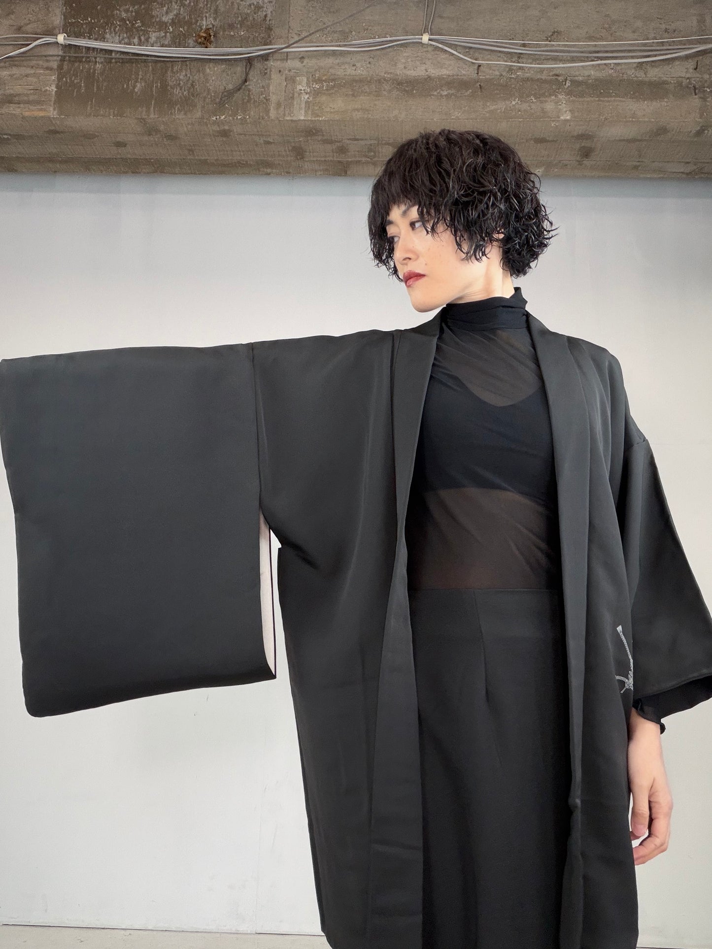 VINTAGE BLACK HAORI  "ougi, BLK122"