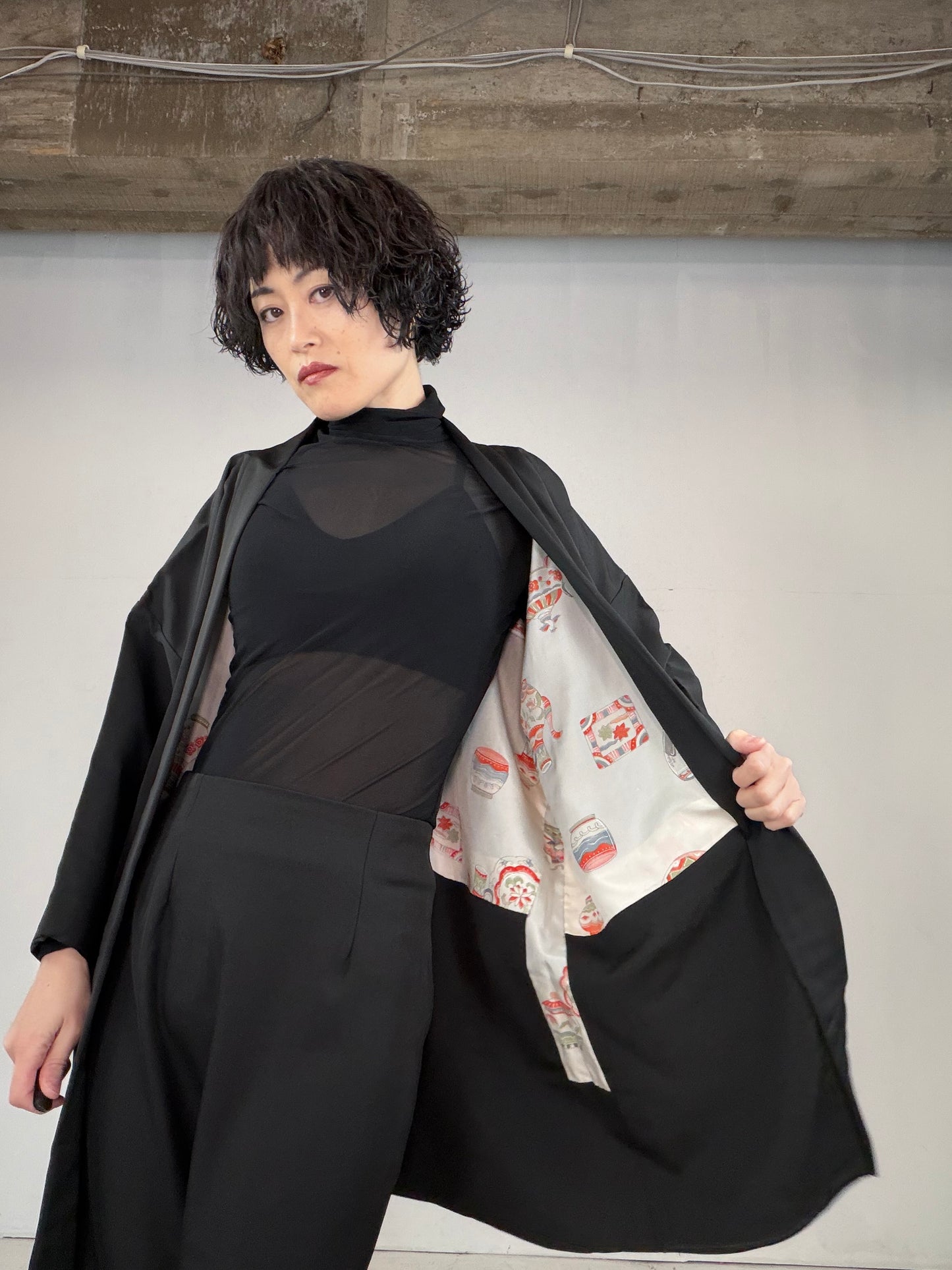 VINTAGE BLACK HAORI  "ougi, BLK122"