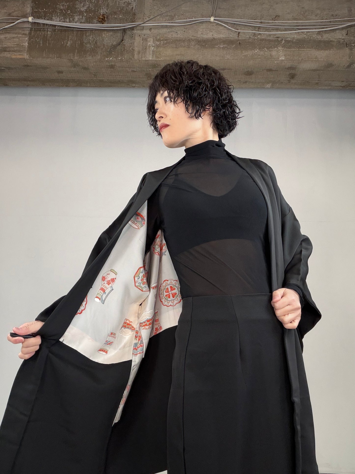 VINTAGE BLACK HAORI  "ougi, BLK122"